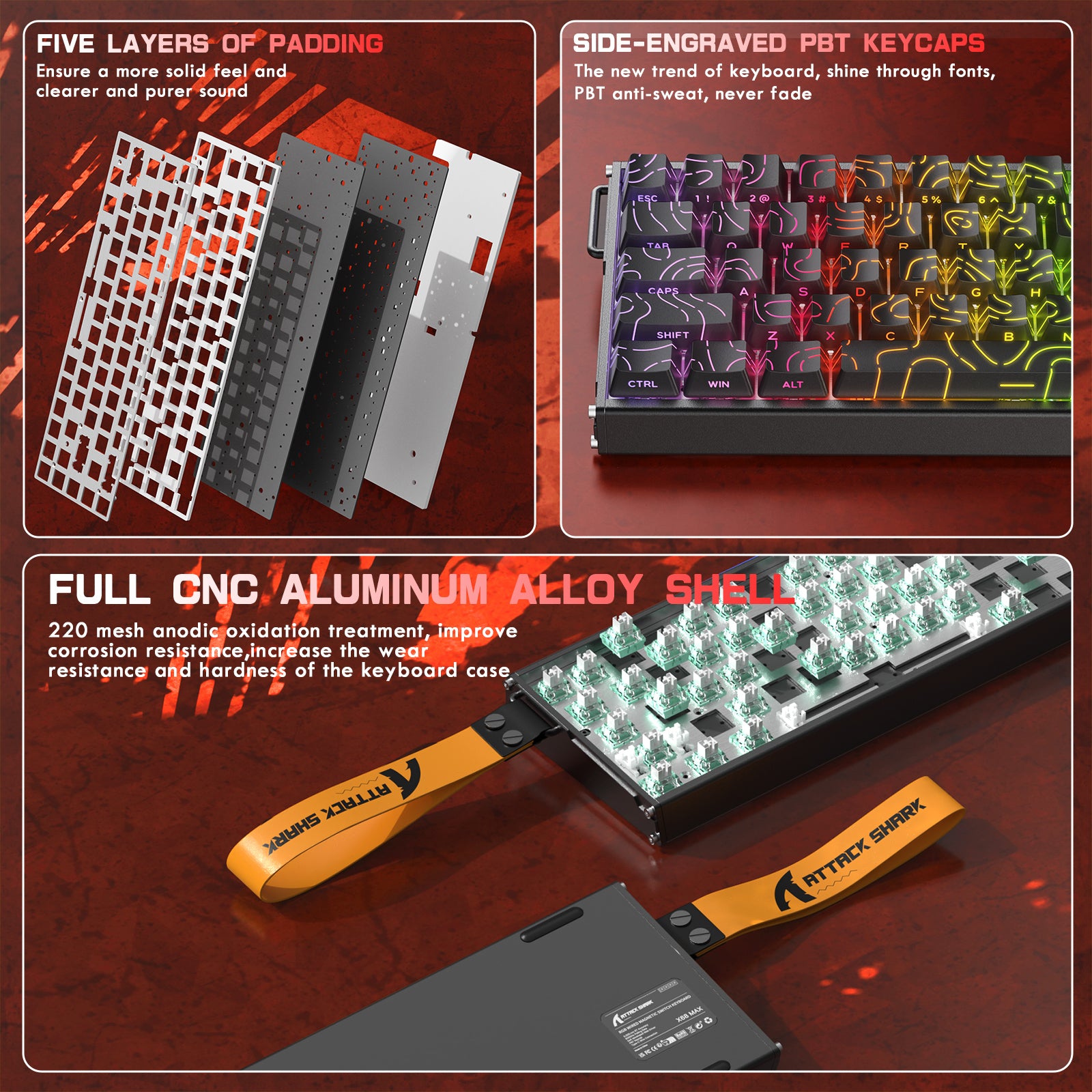 ATTACK SHARK X68MAX HE Rapid Trigger CNC Aluminium Toetsenbord Magnetische Schakelaar met C01Ultra RGB Opgerolde Kabel