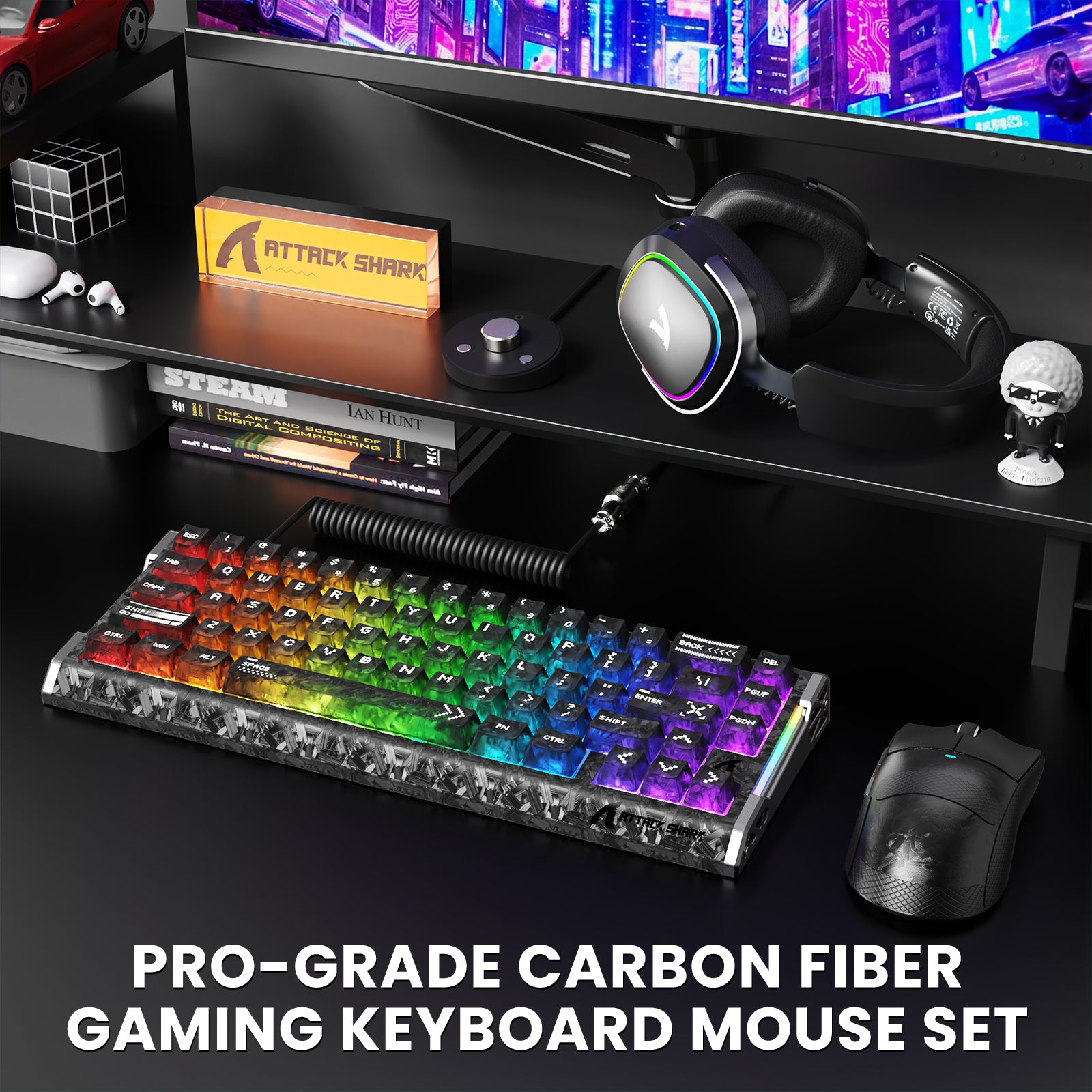 ATTACK SHARK R68 HE & X11 ULTRA Carbon Fiber Gaming Bundel met C01 ULTRA Opgerolde Kabel