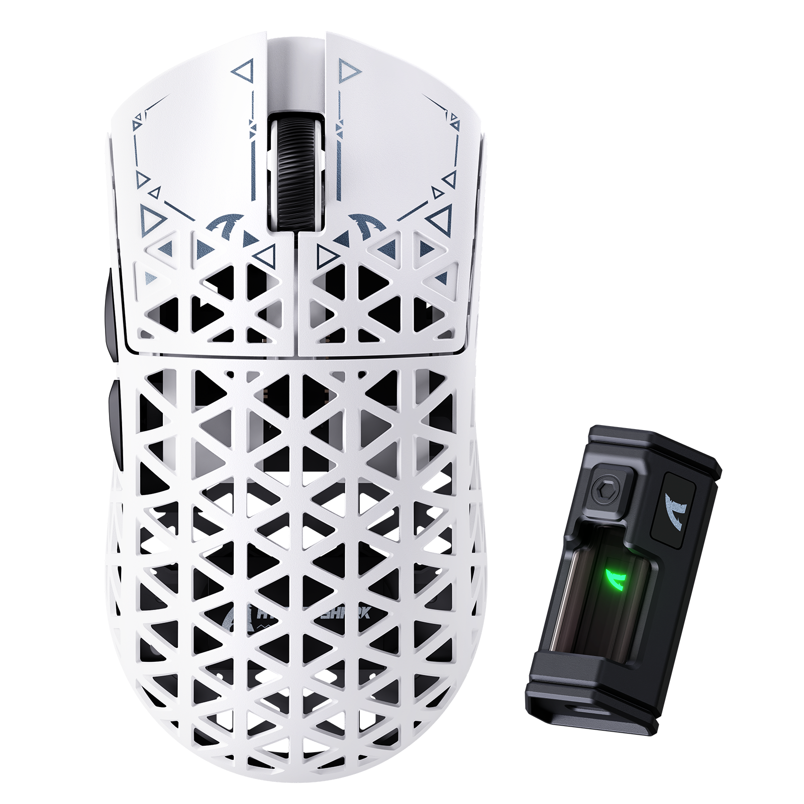 White wireless gaming mouse with intricate geometric lattice pattern and blue decorative accents