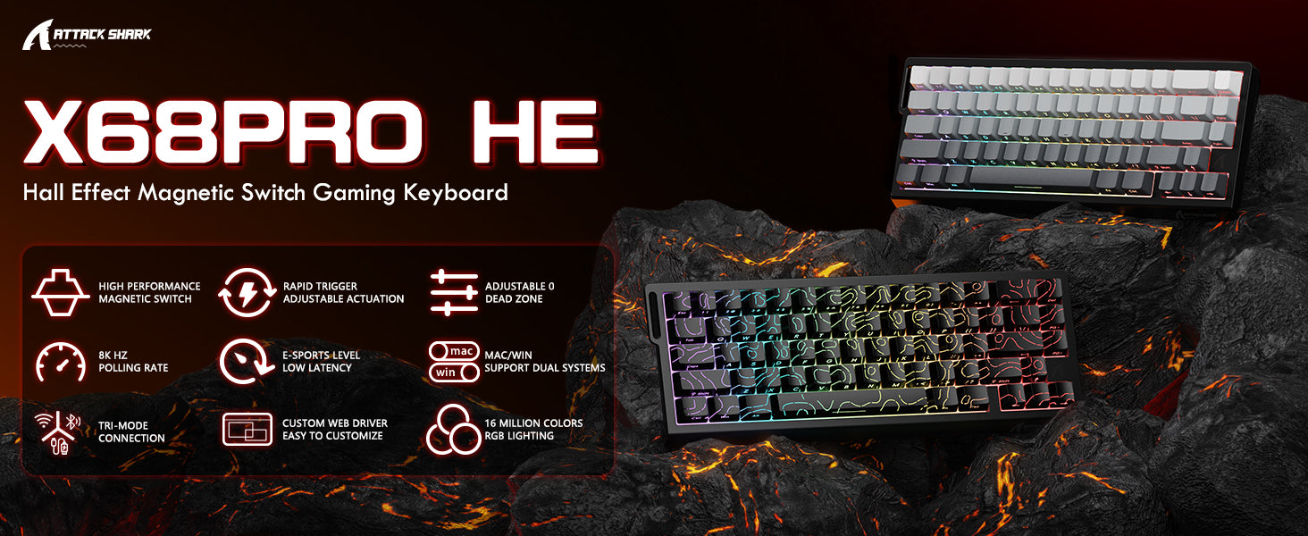 ATTACK SHARK X68PRO HE Draadloos Snelle Trigger Toetsenbord Met Opgerolde Kabel