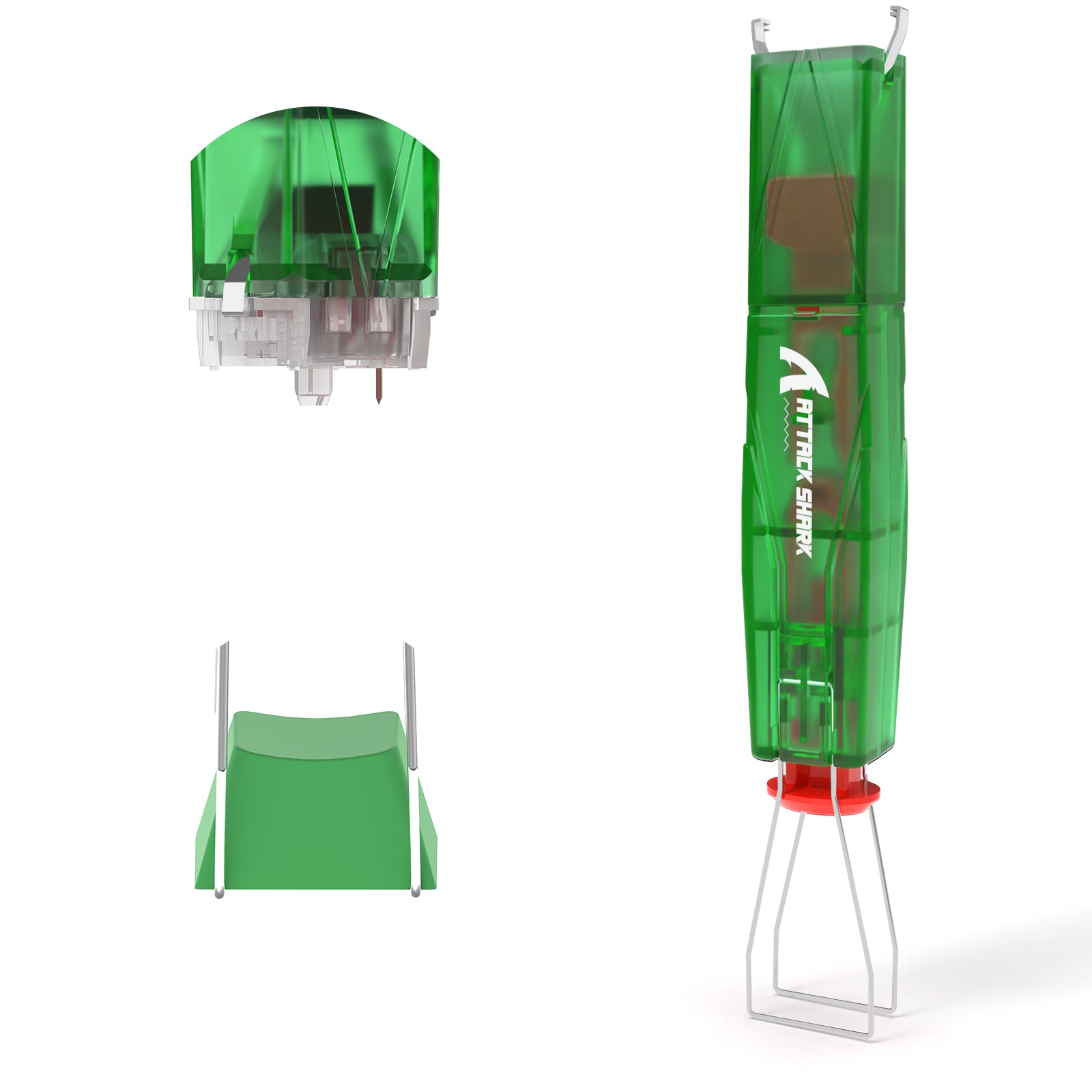 ATTACK SHARK KS01 keycap and switch puller tool, showing keycap, switch, and tool design. Features transparent green and red.