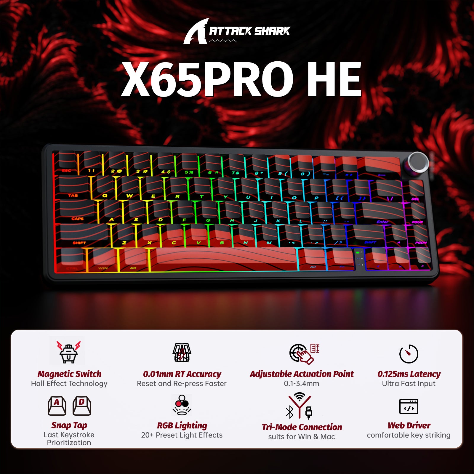 ATTACK SHARK X65PRO HE Draadloos Snelle Trigger Toetsenbord Magnetische Schakelaar