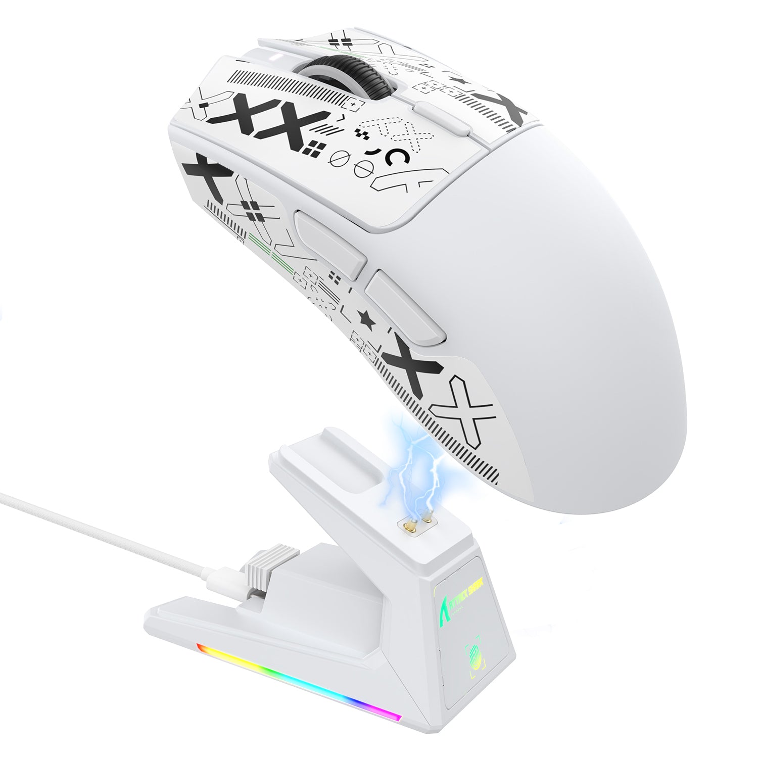 ATTACK SHARK X1 white gaming mouse with charging dock, RGB lighting and touchpad