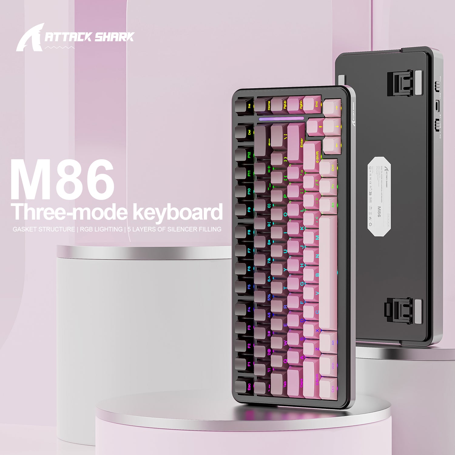 ATTACK SHARK M86 tri-mode keyboard with RGB lighting, gasket structure, and PBT keycaps.