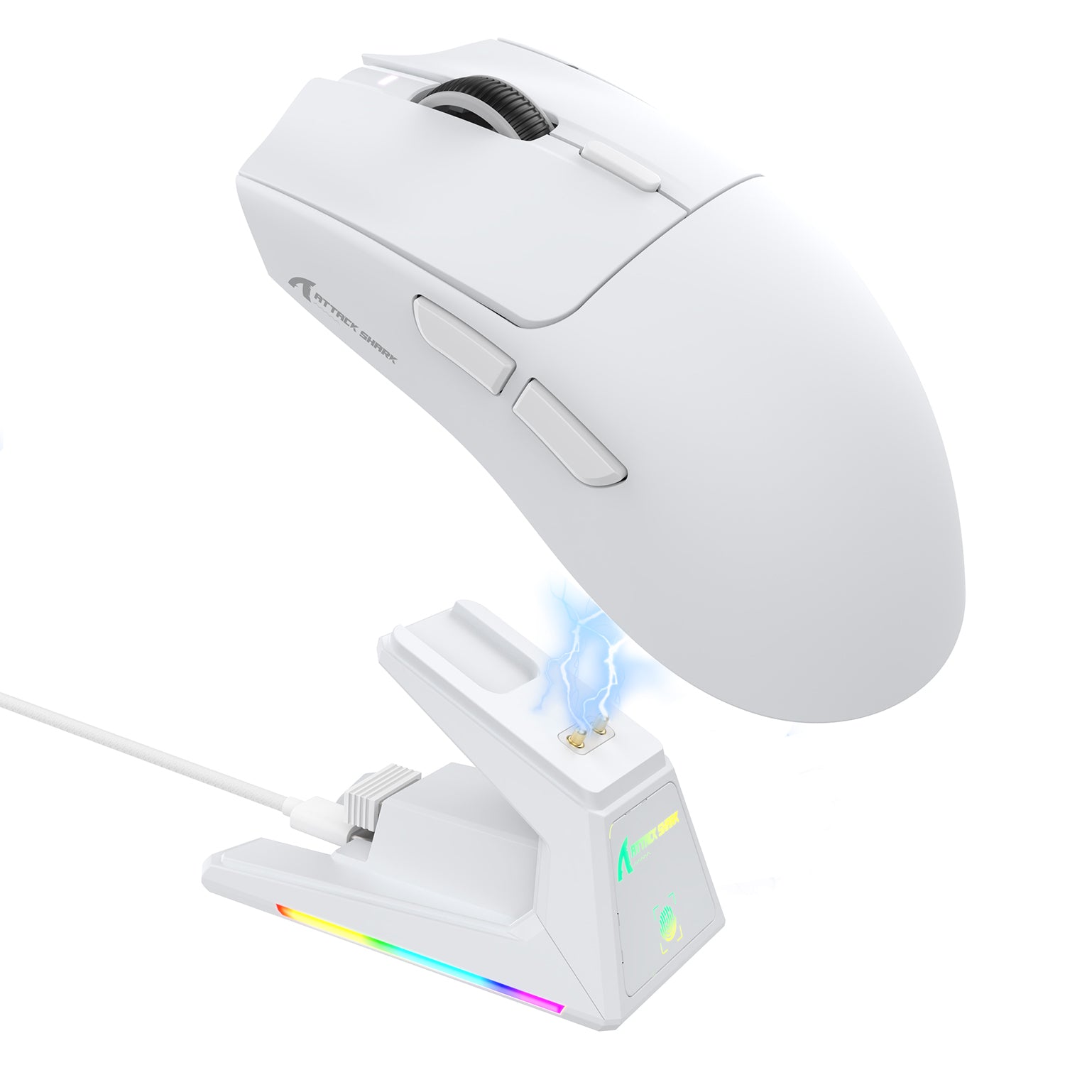 ATTACK SHARK X1 Tri-mode gaming mouse with charging dock, white, with RGB lighting