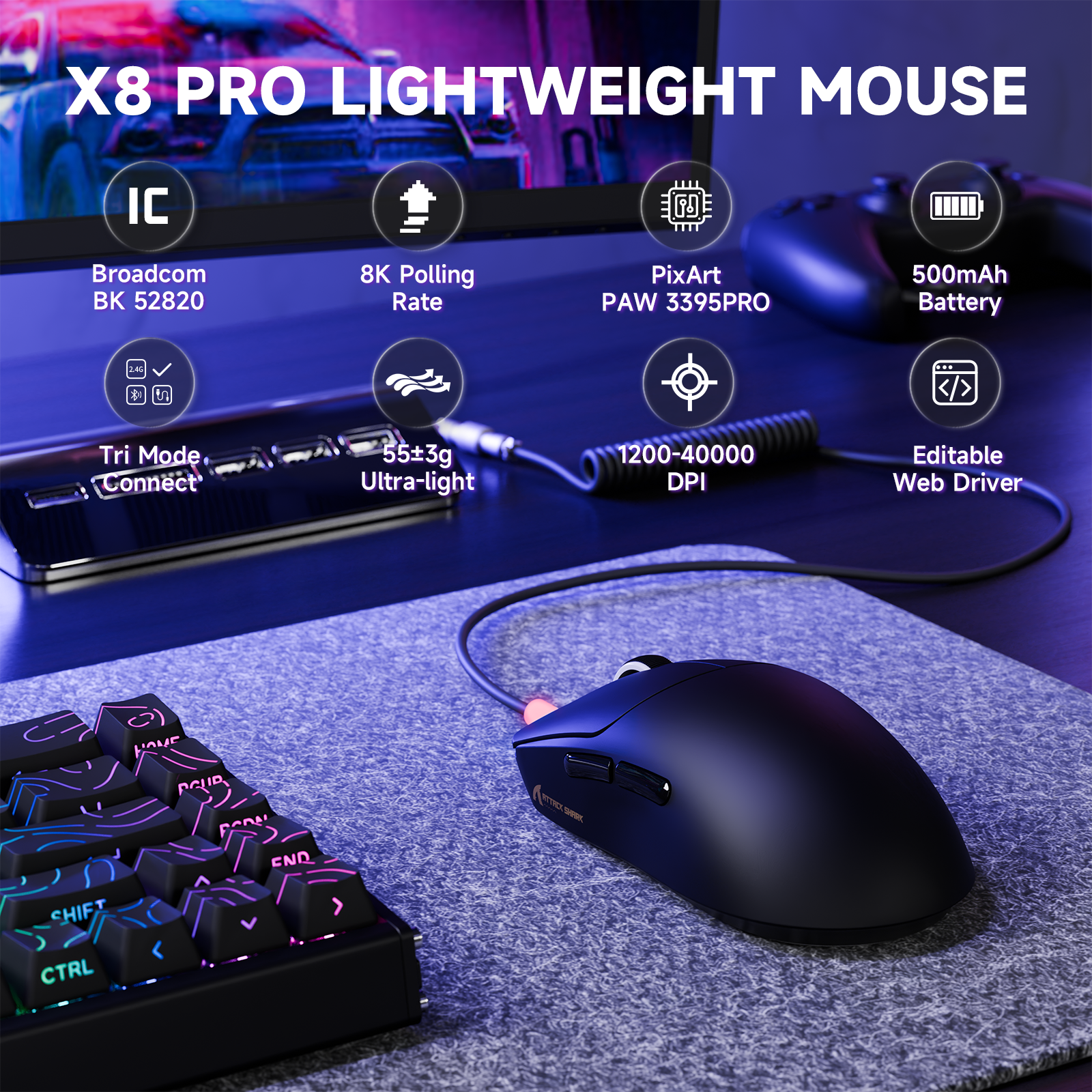ATTACK SHARK X8PRO Ultra-Lichte Draadloze Gaming Muis & C06ULTRA Kabel