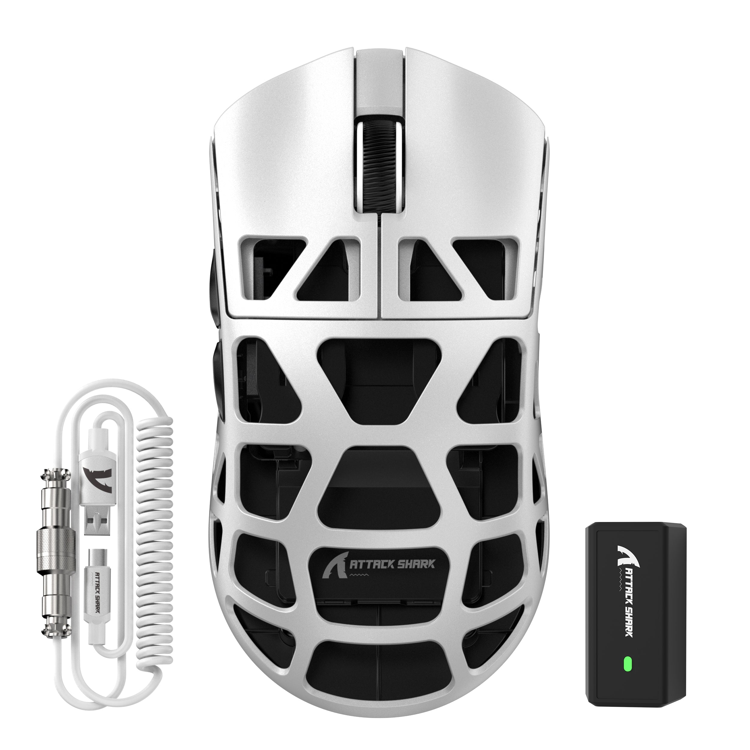 ATTACK SHARK R3PRO magnesium alloy gaming mouse, white with coiled cable and charging dock