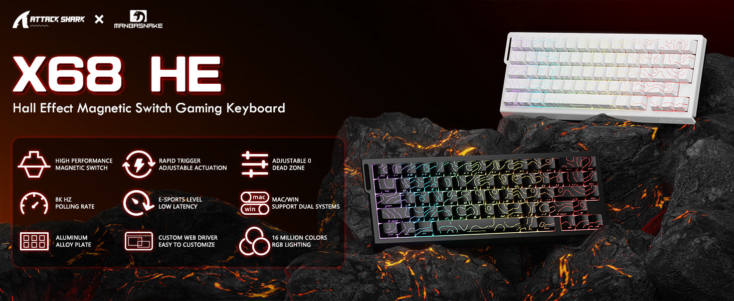 ATTACK SHARK X68 HE Snelle Trigger Toetsenbord Magnetische Schakelaar met C01PRO Opgerolde Kabel