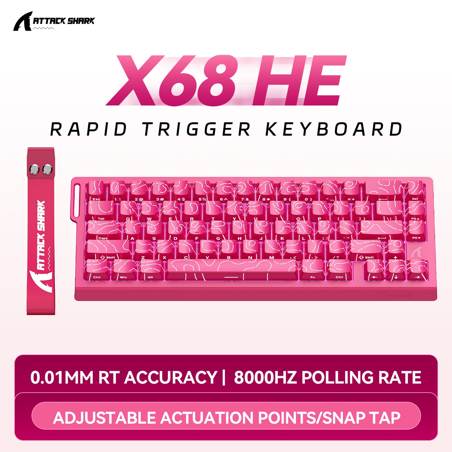 Pink Attack Shark X68 HE rapid trigger keyboard with white wave pattern keycaps, 0.01mm RT accuracy and 8000Hz polling rate.