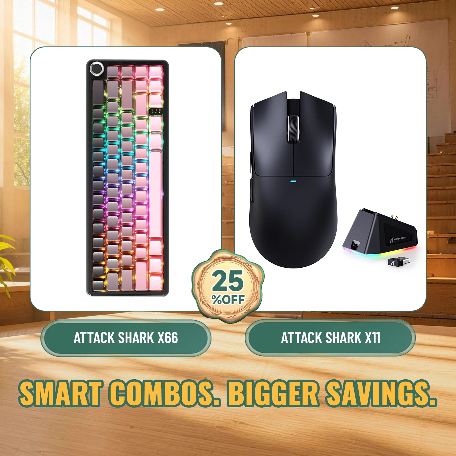 ATTACK SHARK X66 Draadloos Mechanisch Toetsenbord + X11 Draadloze Gaming Muis Bundel