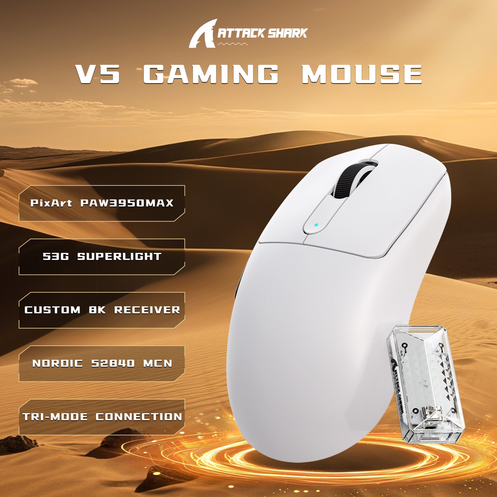 ATTACK SHARK V5 8KHz Draadloze PAW3950MAX Gaming Muis met C06 Ultra Kabel