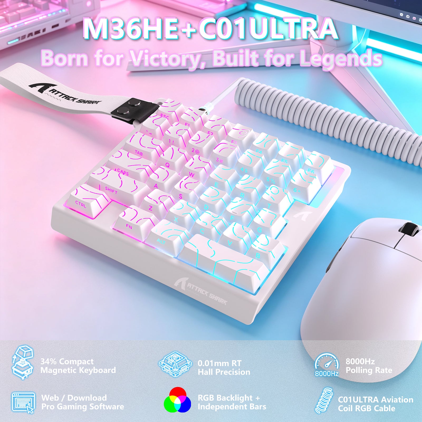 ATTACK SHARK M36 HE eenhandig magnetisch schakelkasttoetsenbord & C01 ULTRA LED Aviator-kabel