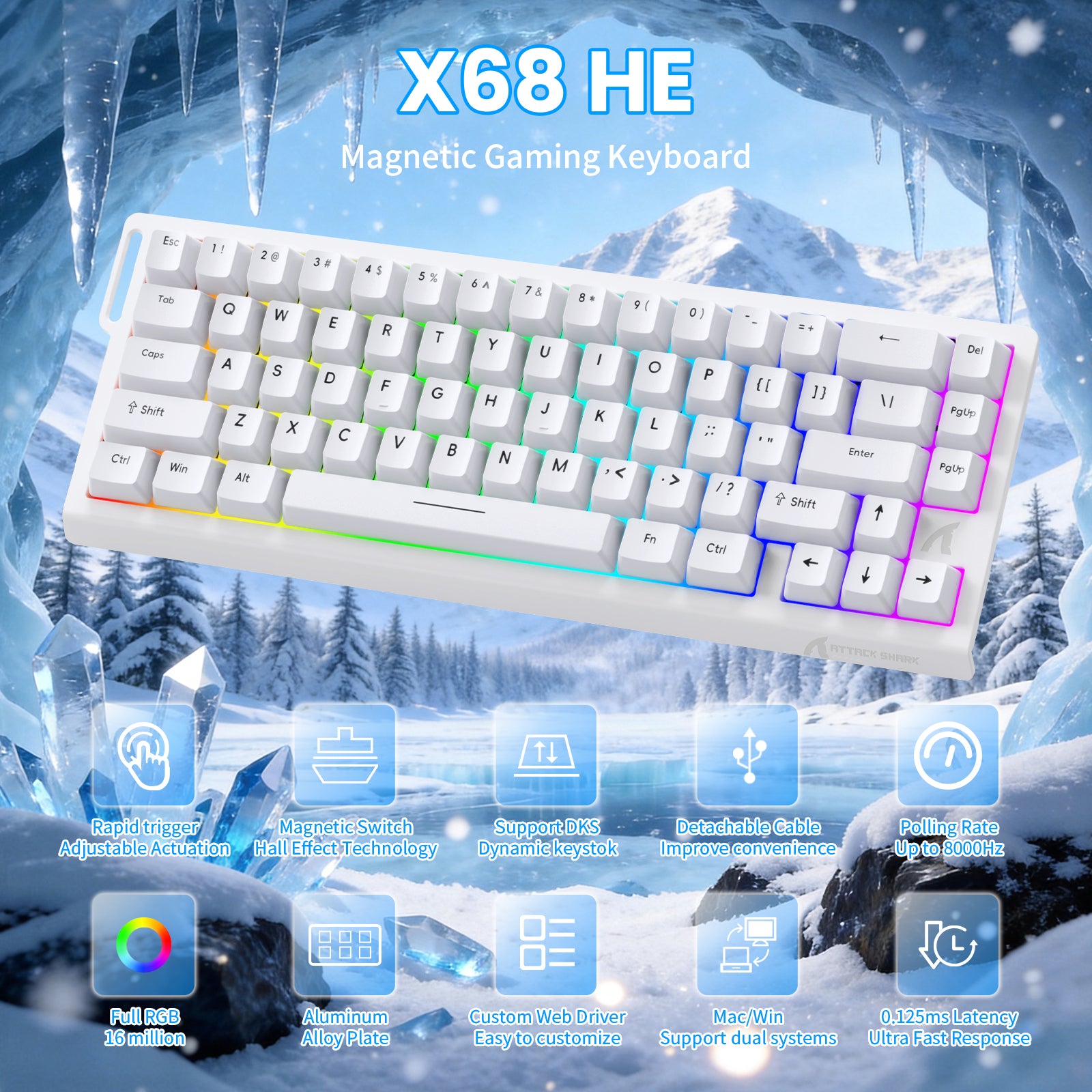 ATTACK SHARK X68 HE Snelle Trigger Toetsenbord Magnetische Schakelaar met C01PRO Opgerolde Kabel