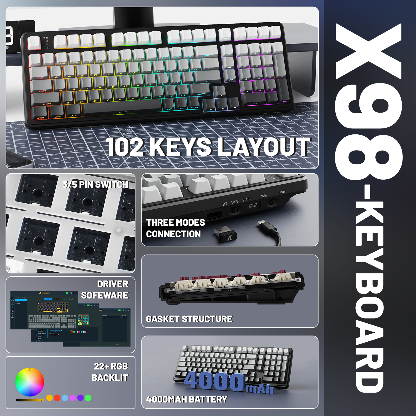 ATTACK SHARK X98 full-size wireless mechanical keyboard with RGB backlighting, hot-swappable switches, and 4000mAh battery.