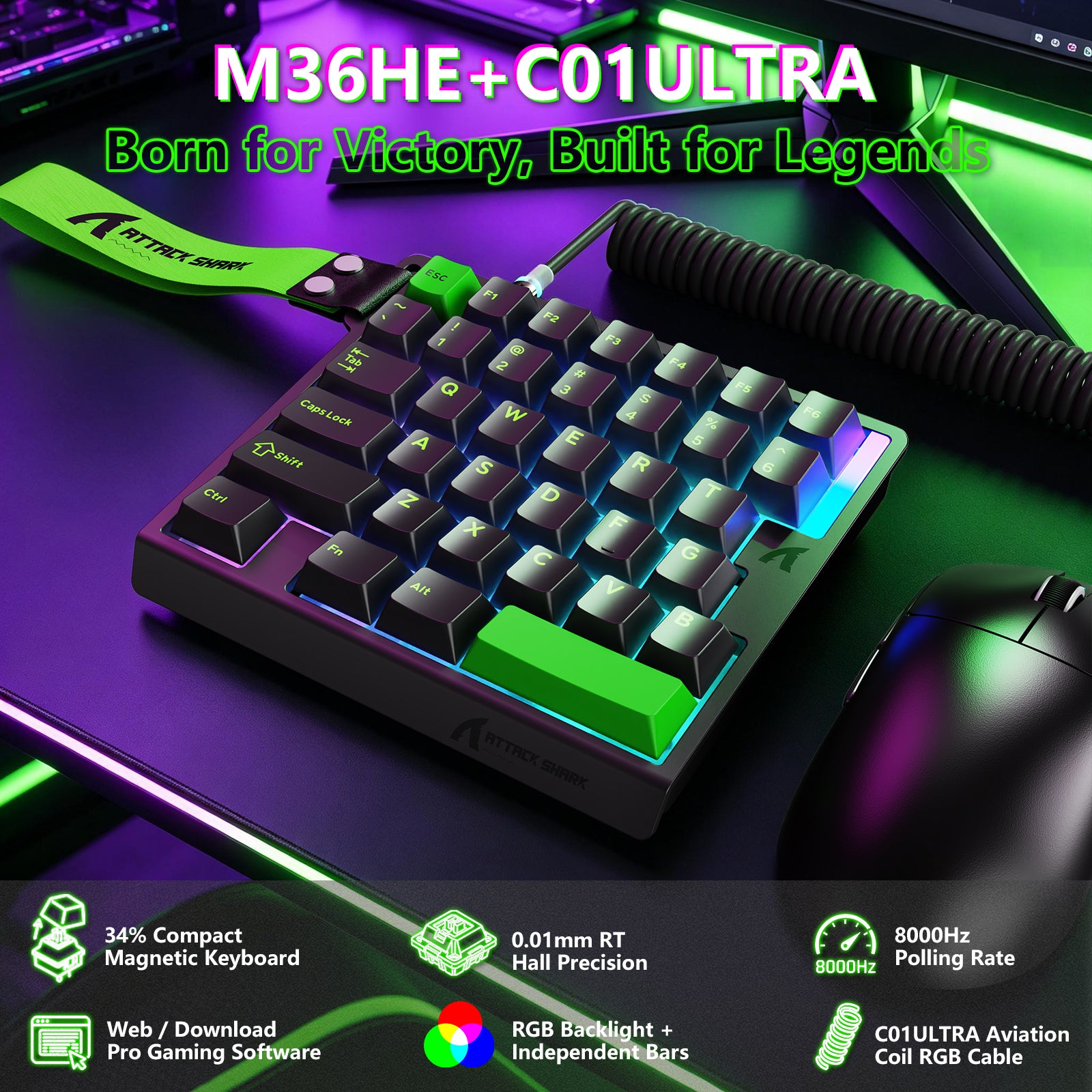 ATTACK SHARK M36 HE eenhandig magnetisch schakelkasttoetsenbord & C01 ULTRA LED Aviator-kabel