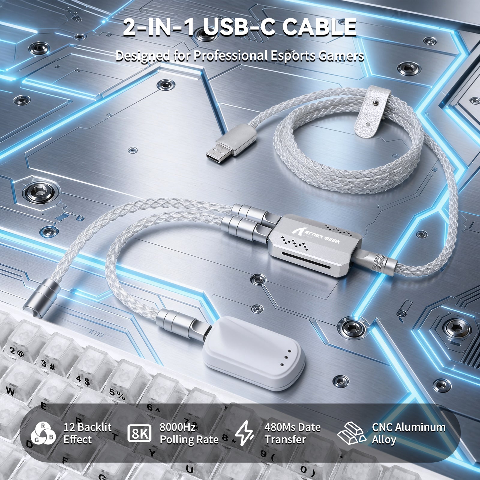 ATTACK SHARK C07 PRO 2-In-1 Type C Kabel voor 8KHz Gaming Toetsenbord/Muis