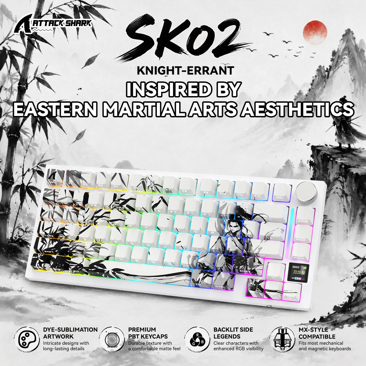 ATTACK SHARK SK02 129 toetsen PBT-keycaps met opdruk aan de zijkant, ANSI/ISO, Dolende Ridder
