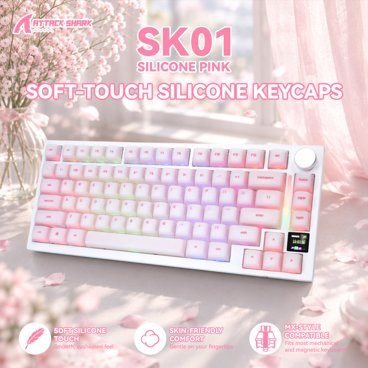 ATTACK SHARK SK01 113 toetsen siliconenkeycaps, Cherry-profiel, ANSI, roze
