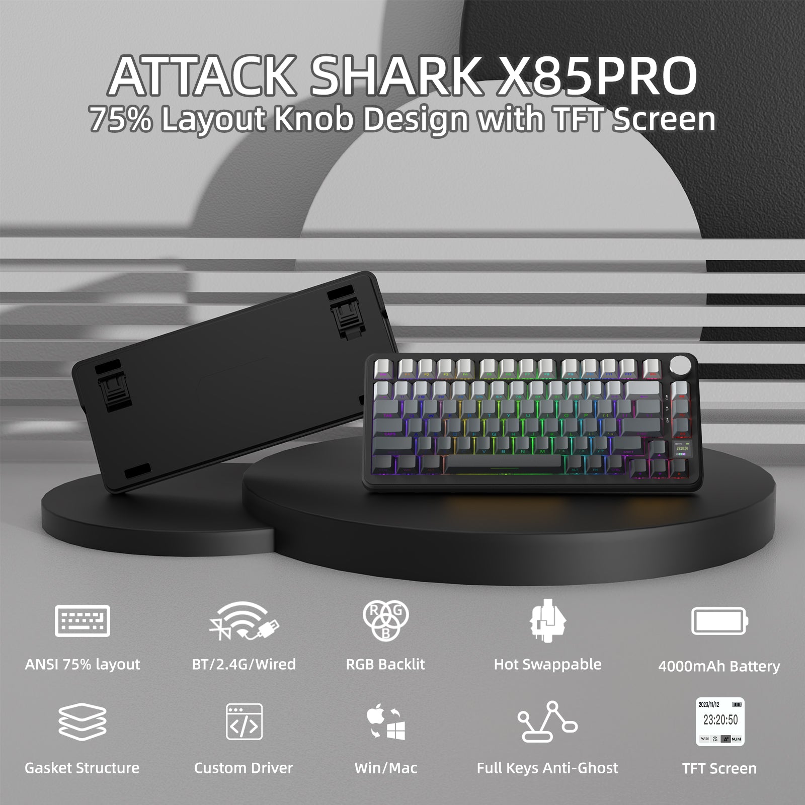 ATTACK SHARK X85PRO mechanical keyboard, 75% layout, knob design, TFT screen. Supports BT/2.4G/Wired, and Win/Mac.