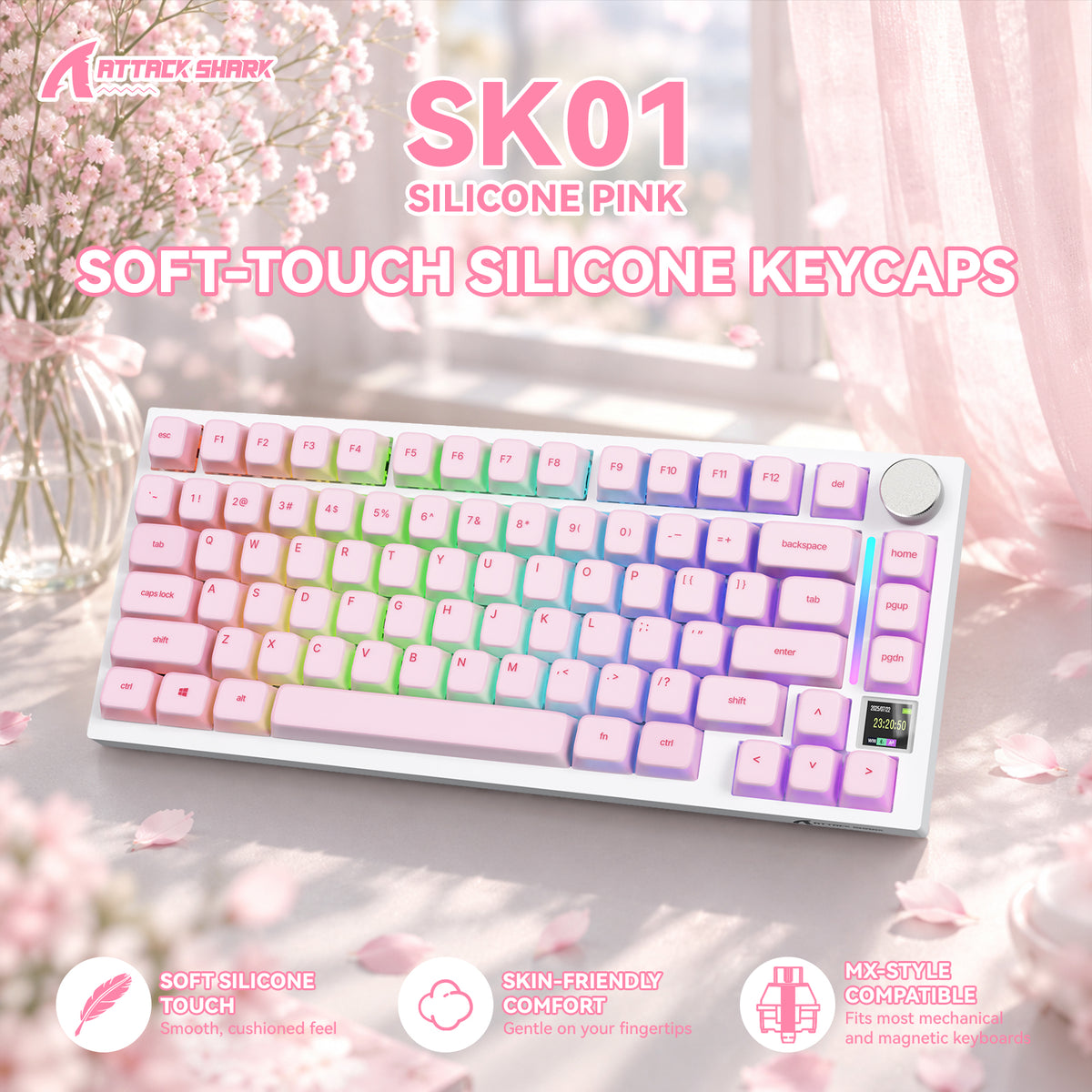 ATTACK SHARK SK01 113 toetsen siliconenkeycaps, Cherry-profiel, ANSI, roze