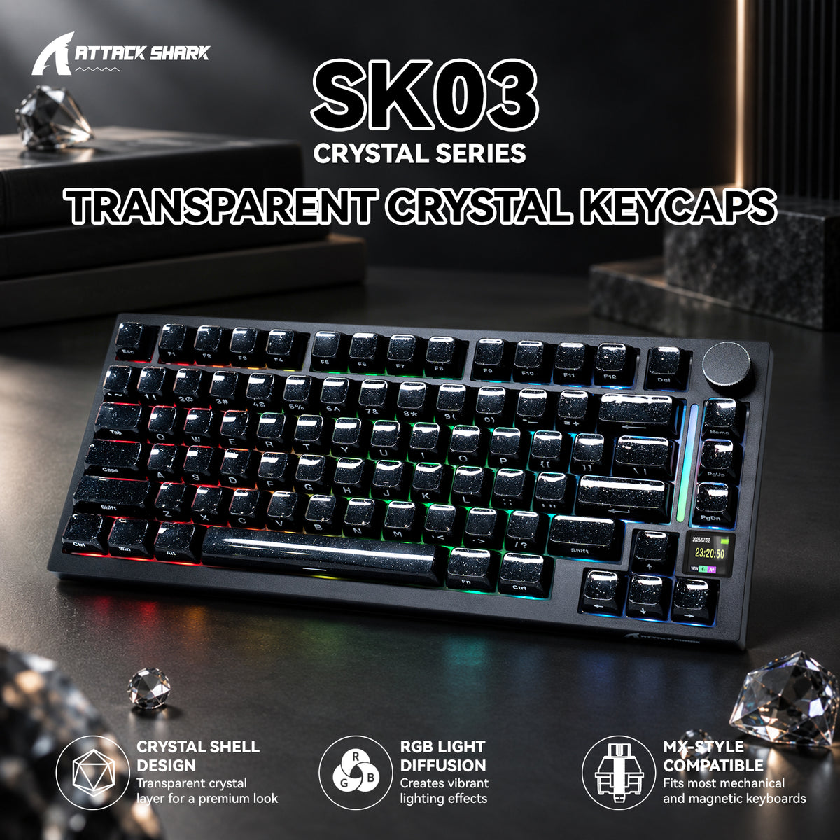 ATTACK SHARK SK03 136 toetsen, kristallen keycaps, ASA-profiel, ANSI/ISO