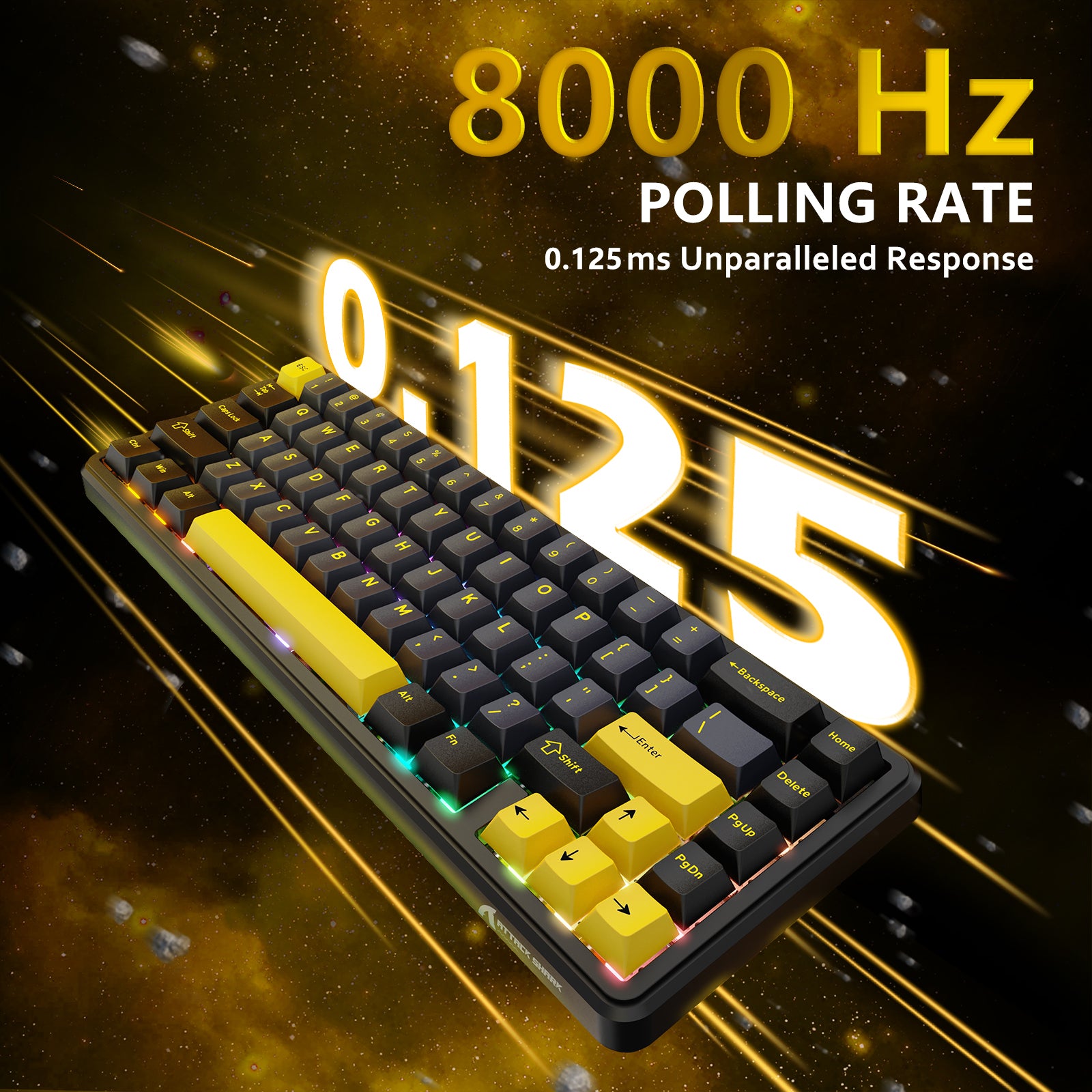 ATTACK SHARK X65 HE keyboard showcasing 8000Hz polling rate and 0.125ms response time, keycaps with RGB lighting
