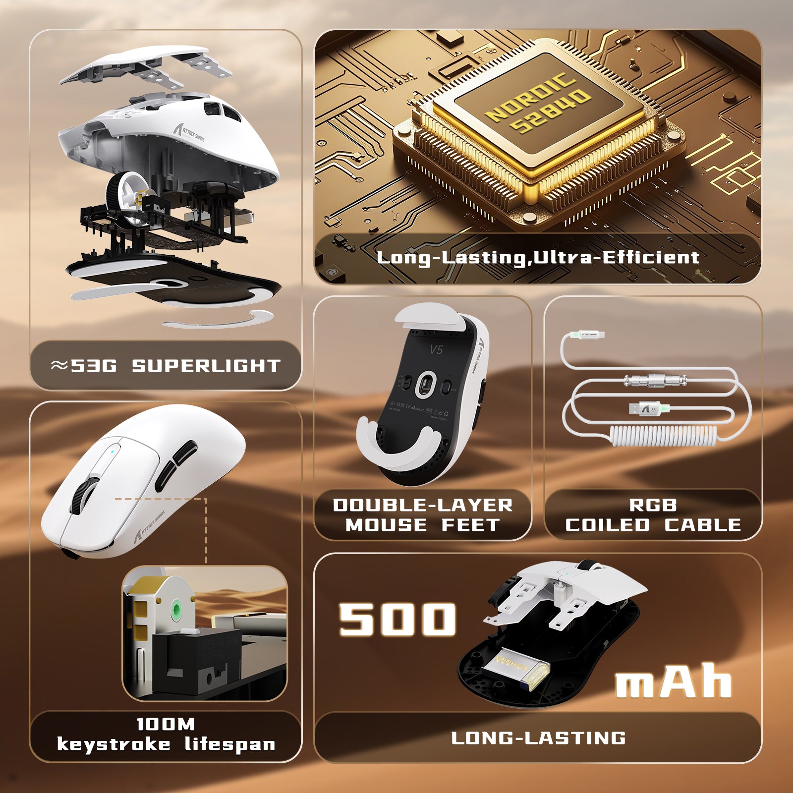 ATTACK SHARK V5 8KHz Draadloze PAW3950MAX Gaming Muis met C06 Ultra Kabel