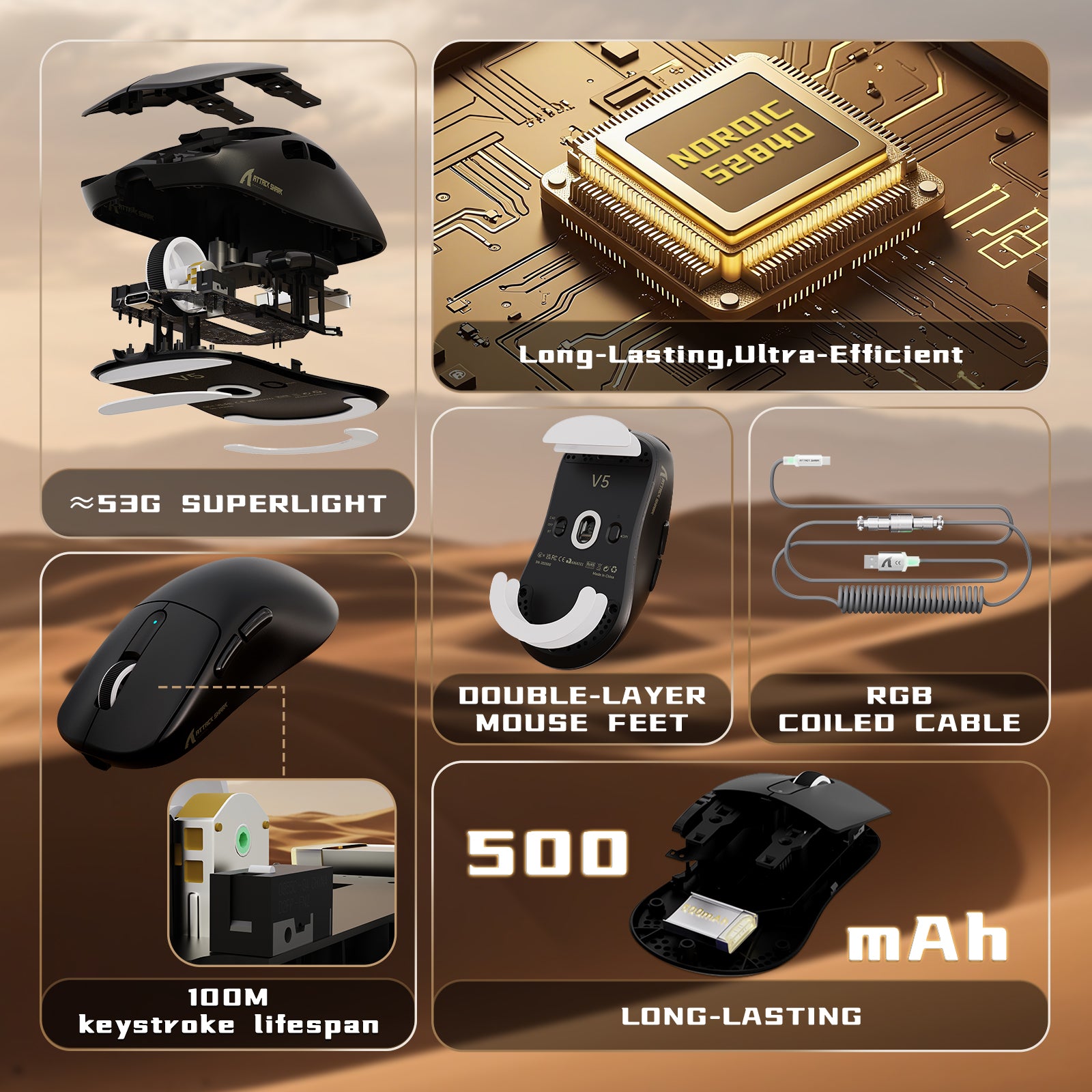 ATTACK SHARK V5 8KHz Draadloze PAW3950MAX Gaming Muis met C06 Ultra Kabel