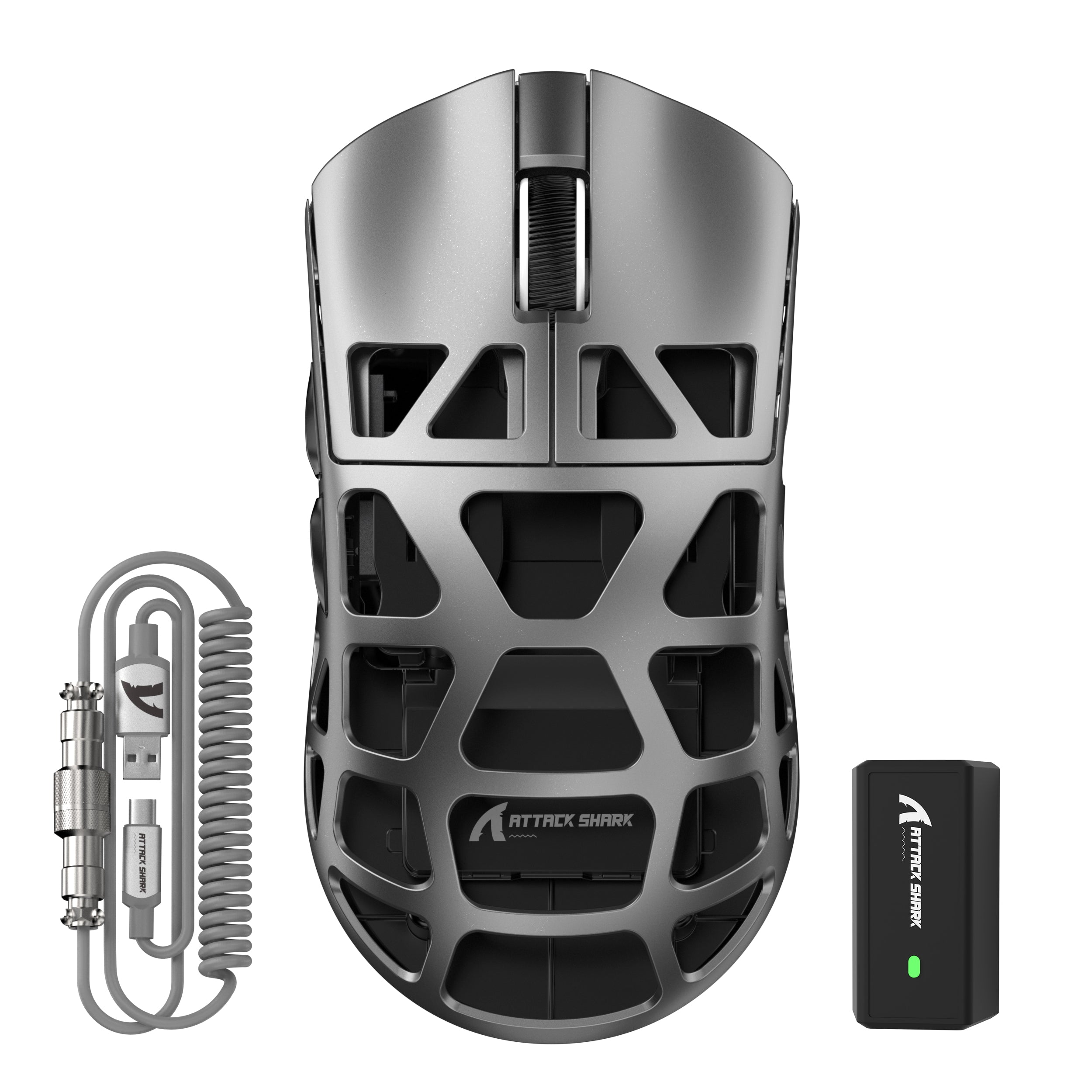 ATTACK SHARK R3PRO magnesium alloy gaming mouse, silver, with coiled cable and charging dock