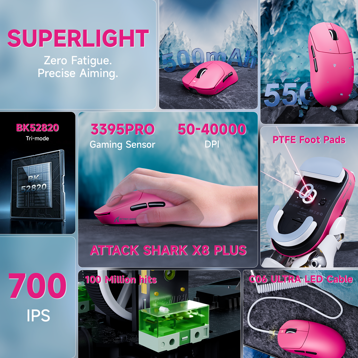 ATTACK SHARK X8 PLUS draadloze gamingmuis met drie modi en C06 ULTRA-kabel