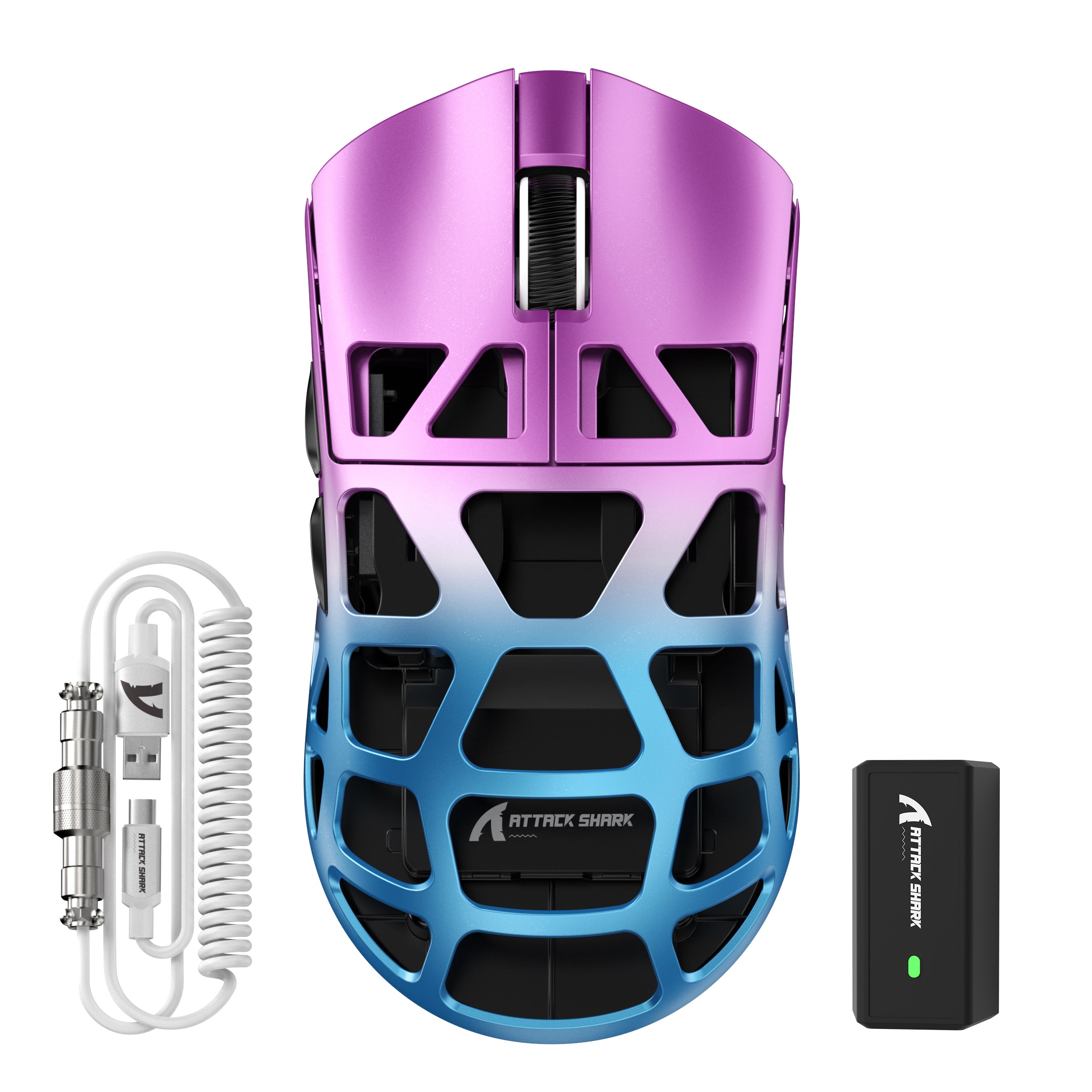 ATTACK SHARK R3PRO magnesium alloy gaming mouse, pink and blue color, with coiled cable and charging dock