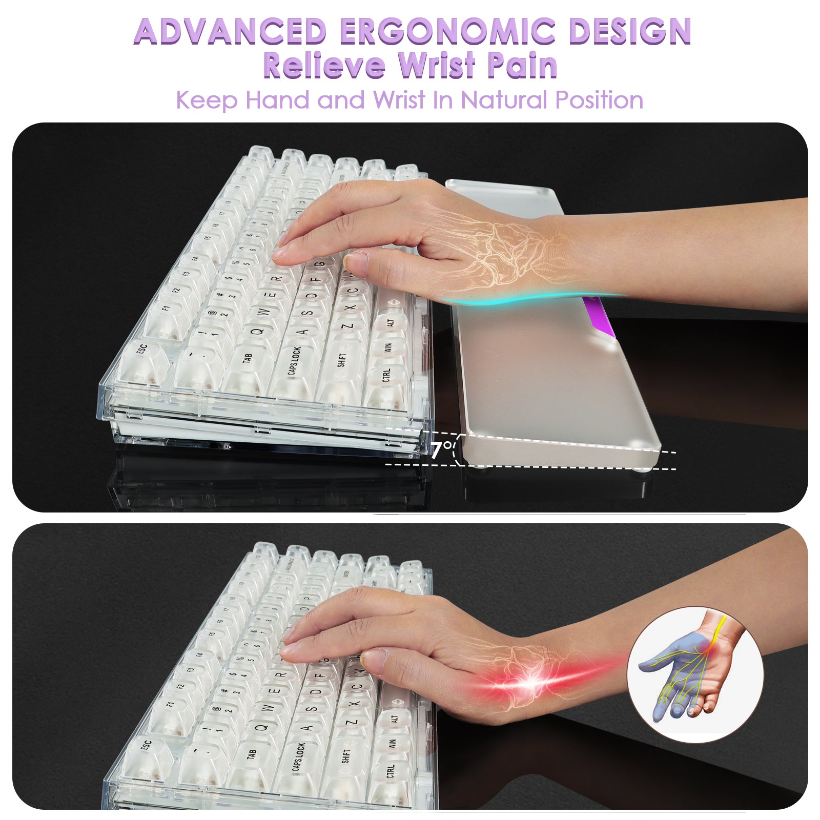 Acrylic wrist rest with 7-degree incline for ergonomic keyboard typing, relieving wrist pain.