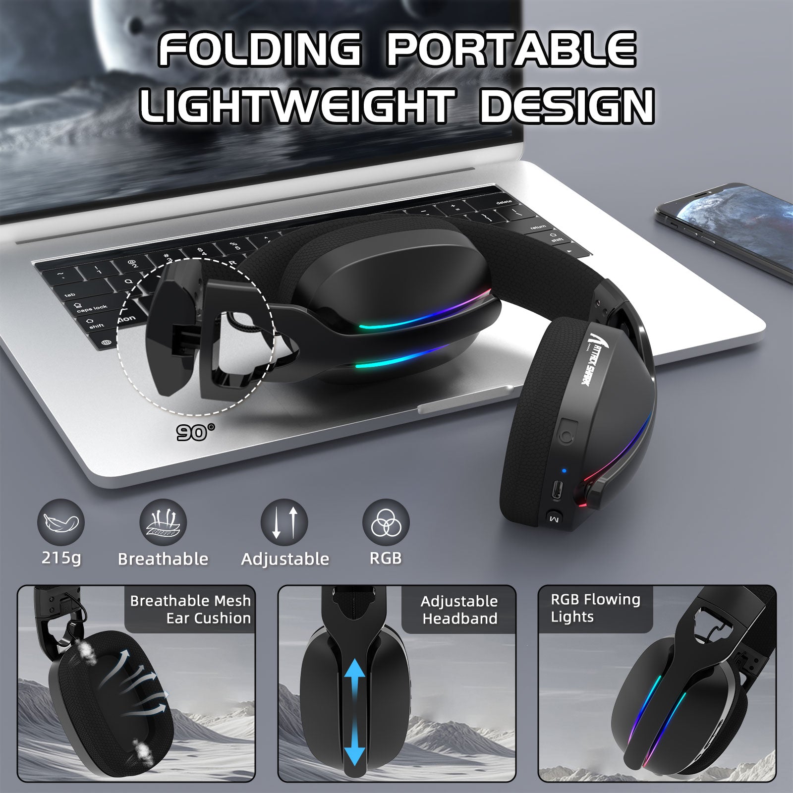 ATTACK SHARK L90 Opvouwbare RGB Ultra-Lichte Tri-Modus Gaming Headset