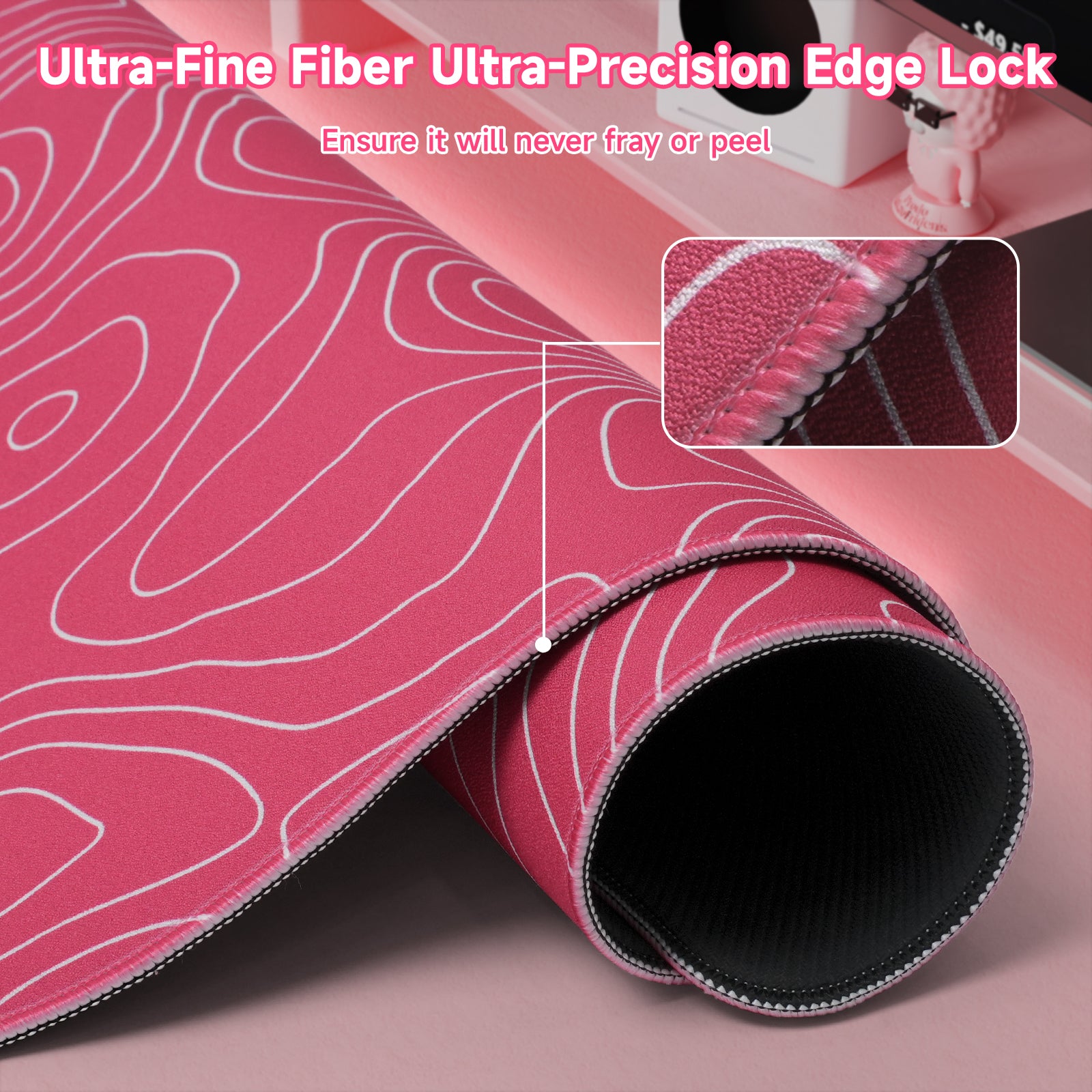 Pink ATTACK SHARK gaming mousepad with ultra-fine stitched edges and black anti-slip base