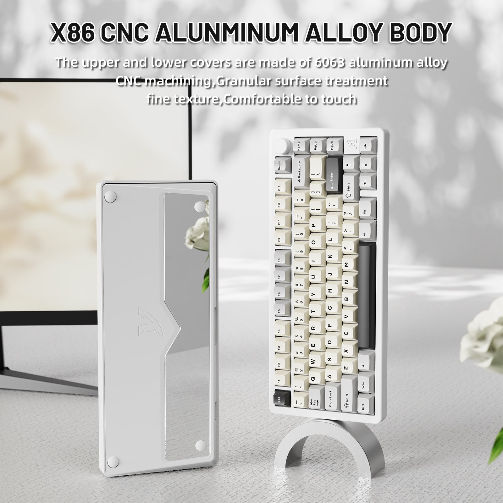 ATTACK SHARK X86 full aluminum keyboard with white CNC body, silver stand, and beige and white keycaps.