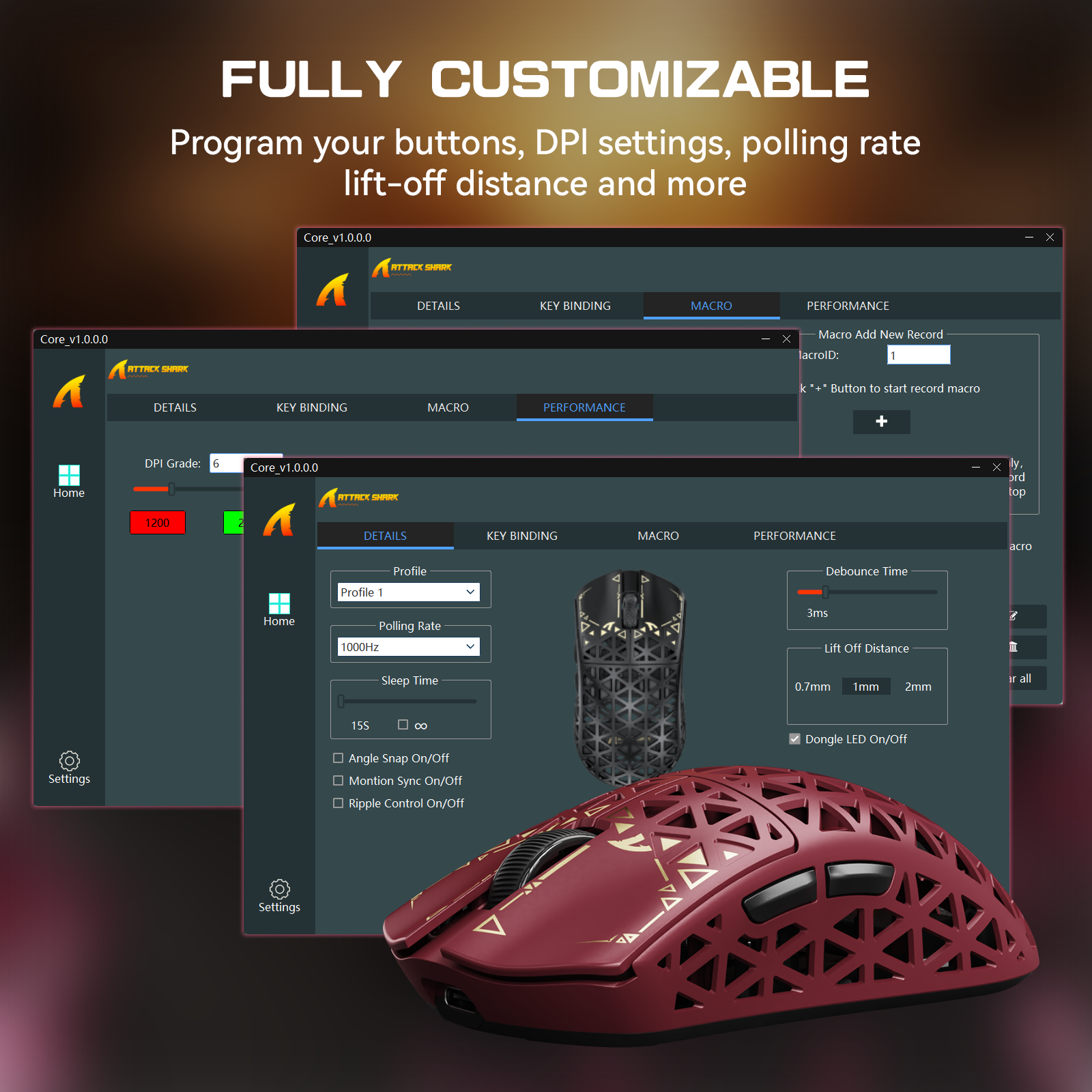 ATTACK SHARK R5 Ultra gaming mouse customization, showing DPI, polling rate, macro settings, carbon fiber design.