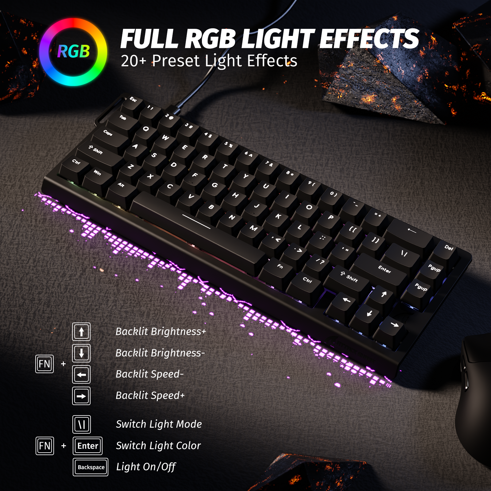 ATTACK SHARK X68 HE keyboard with full RGB lighting effects and 20+ preset light modes.