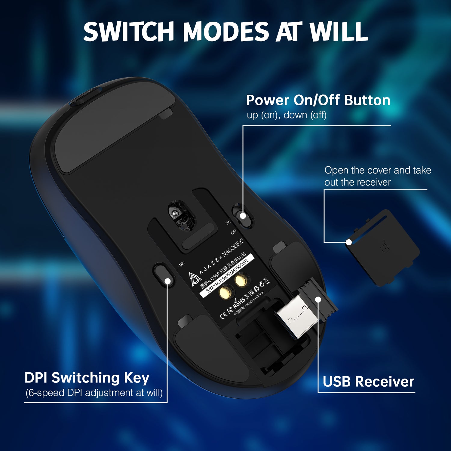 ATTACK SHARK x AJ159P Tri-mode Gaming Mouse: underside view showing USB receiver, DPI switching key, and power switch.