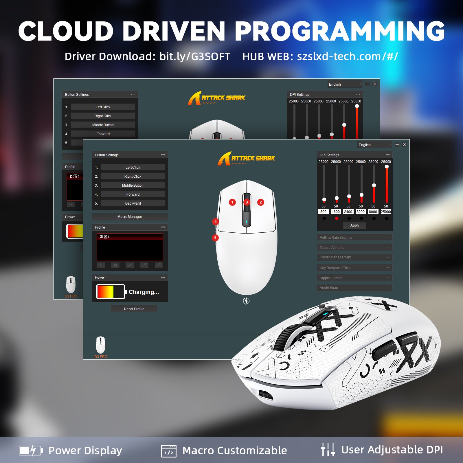 ATTACK SHARK G3PRO Tri-mode Draadloze Gaming Muis met Oplaad Dock 25000 DPI Ultra Lichtgewicht