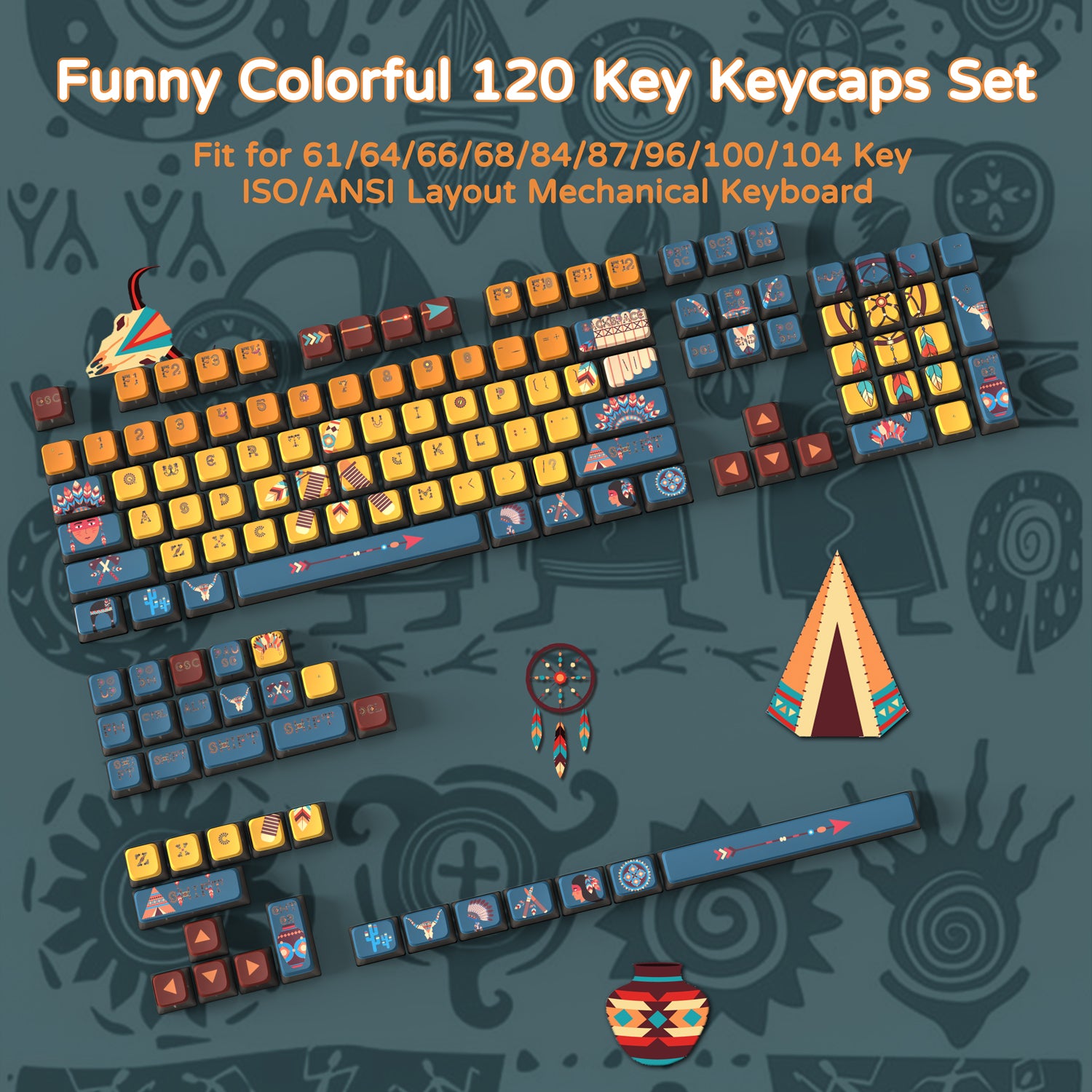 ATTACK SHARK 120-key PBT dye-sublimation keycaps with Native American tribal designs, suitable for mechanical keyboards.