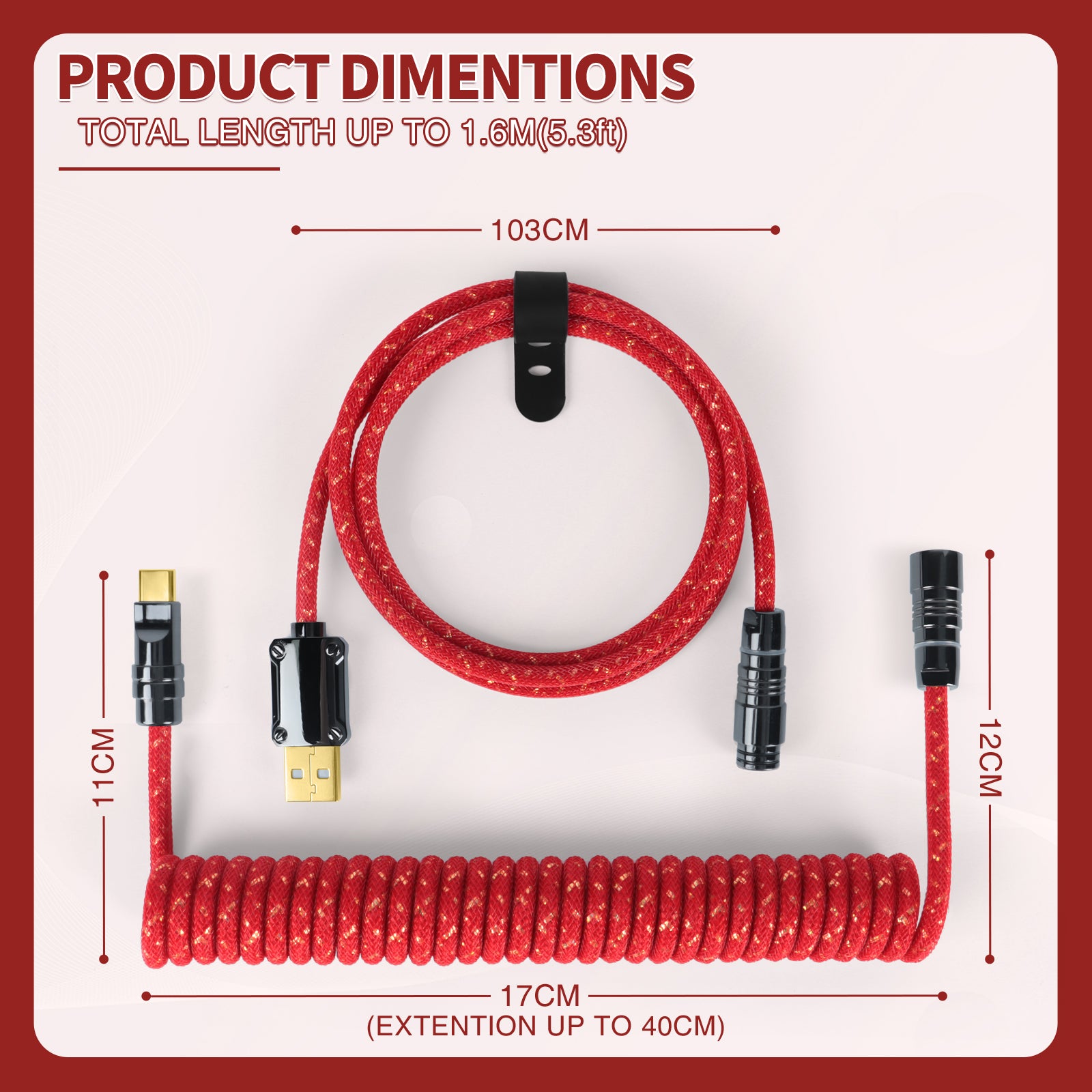 Red coiled ATTACK SHARK C05 USB cable with gold flecks and aviator connector. Dimensions shown.