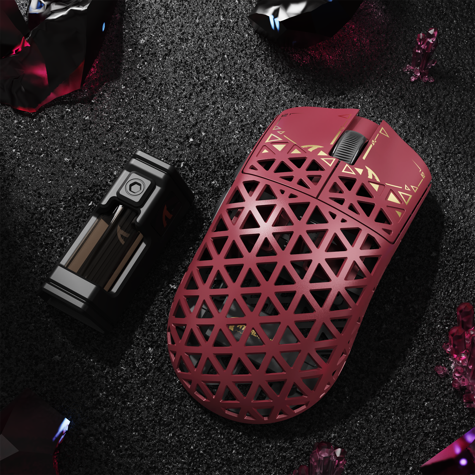 ATTACK SHARK R5 gaming mouse with a hollow carbon fiber shell in red and gold trim, alongside its USB receiver.