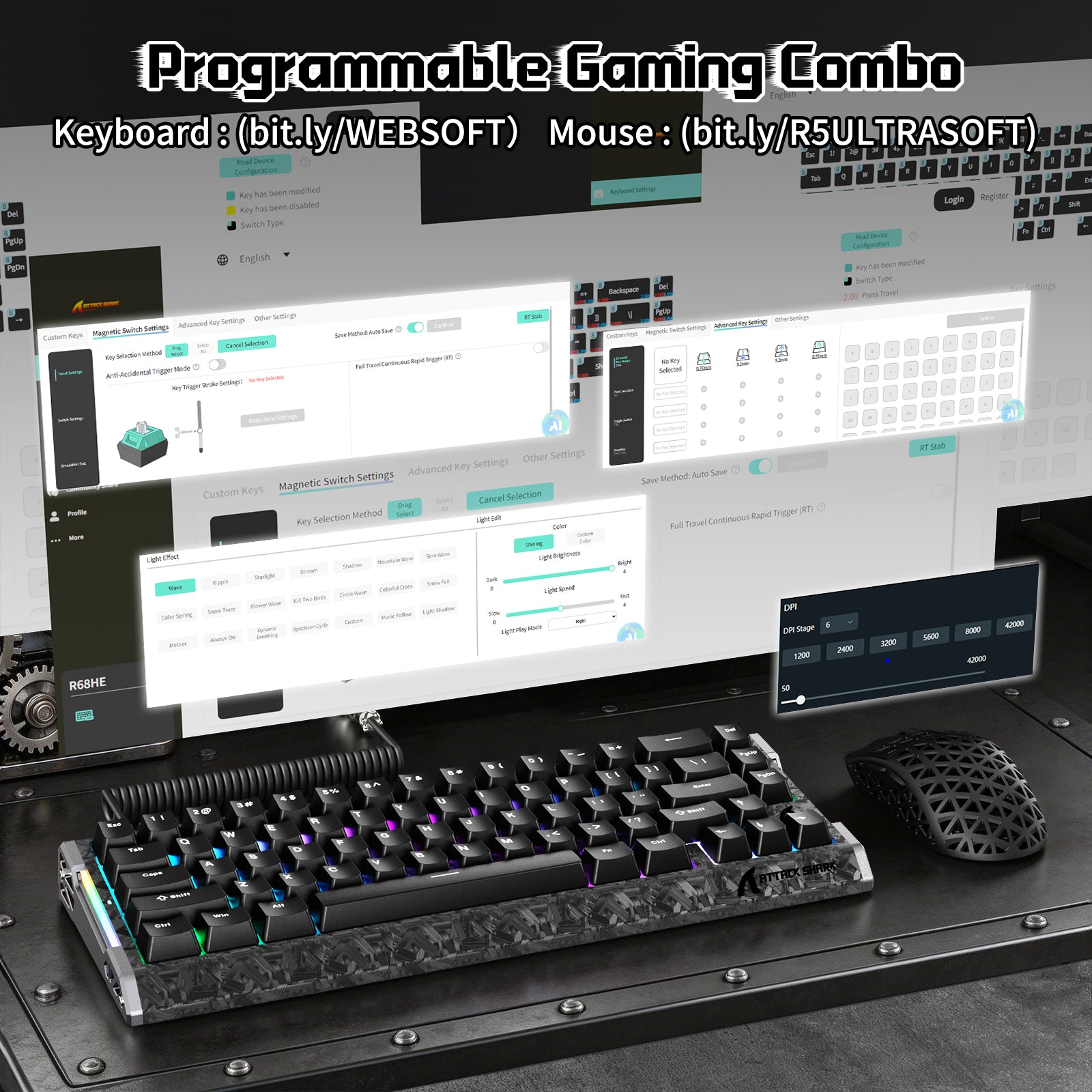 ATTACK SHARK R68 HE & R5 ULTRA Carbon Fiber Gaming Bundel met C01 ULTRA Opgerolde Kabel