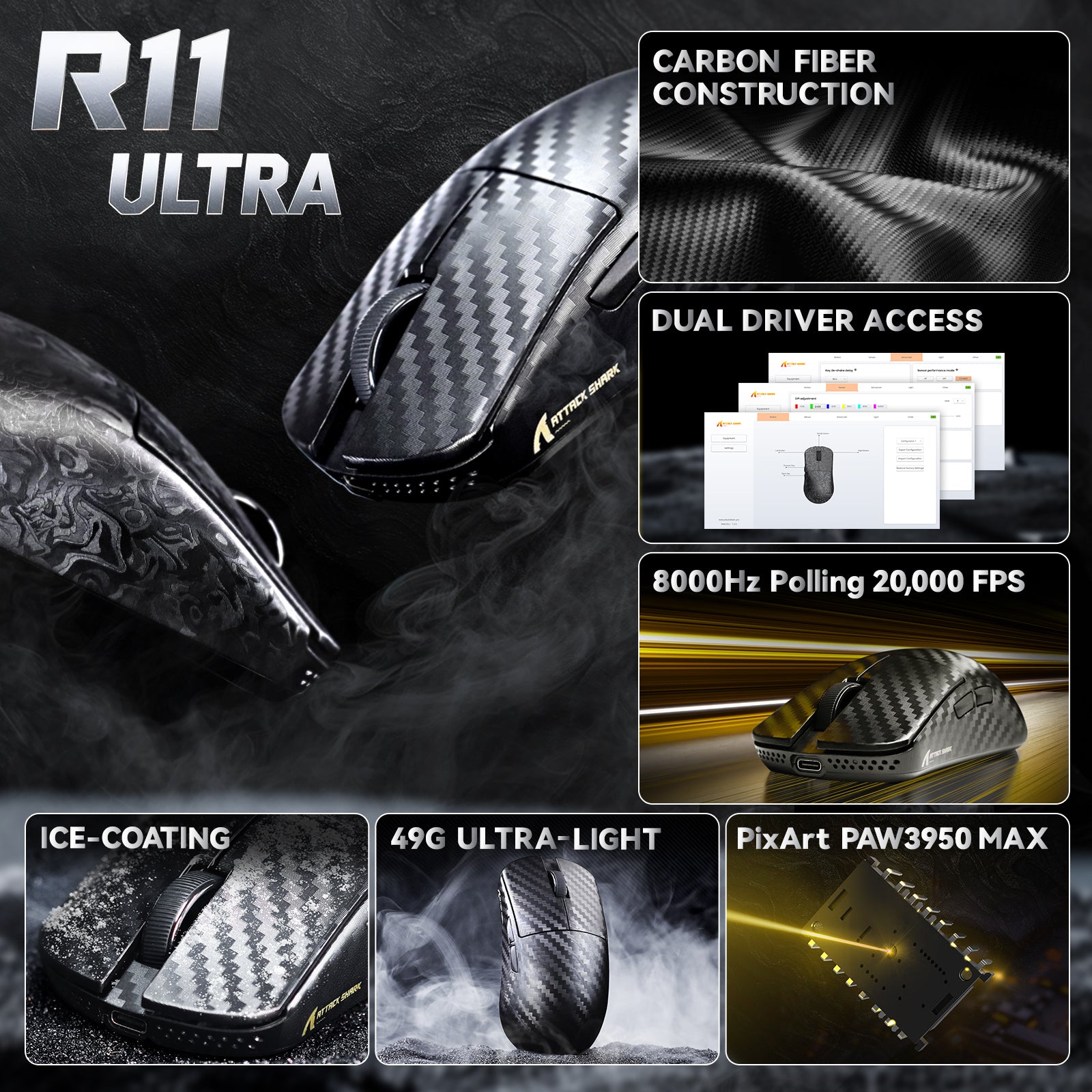 ATTACK SHARK R11 ULTRA Carbon Fiber Draadloze 8K PAW3950MAX Gaming Muis met C06 Ultra LED Kabel