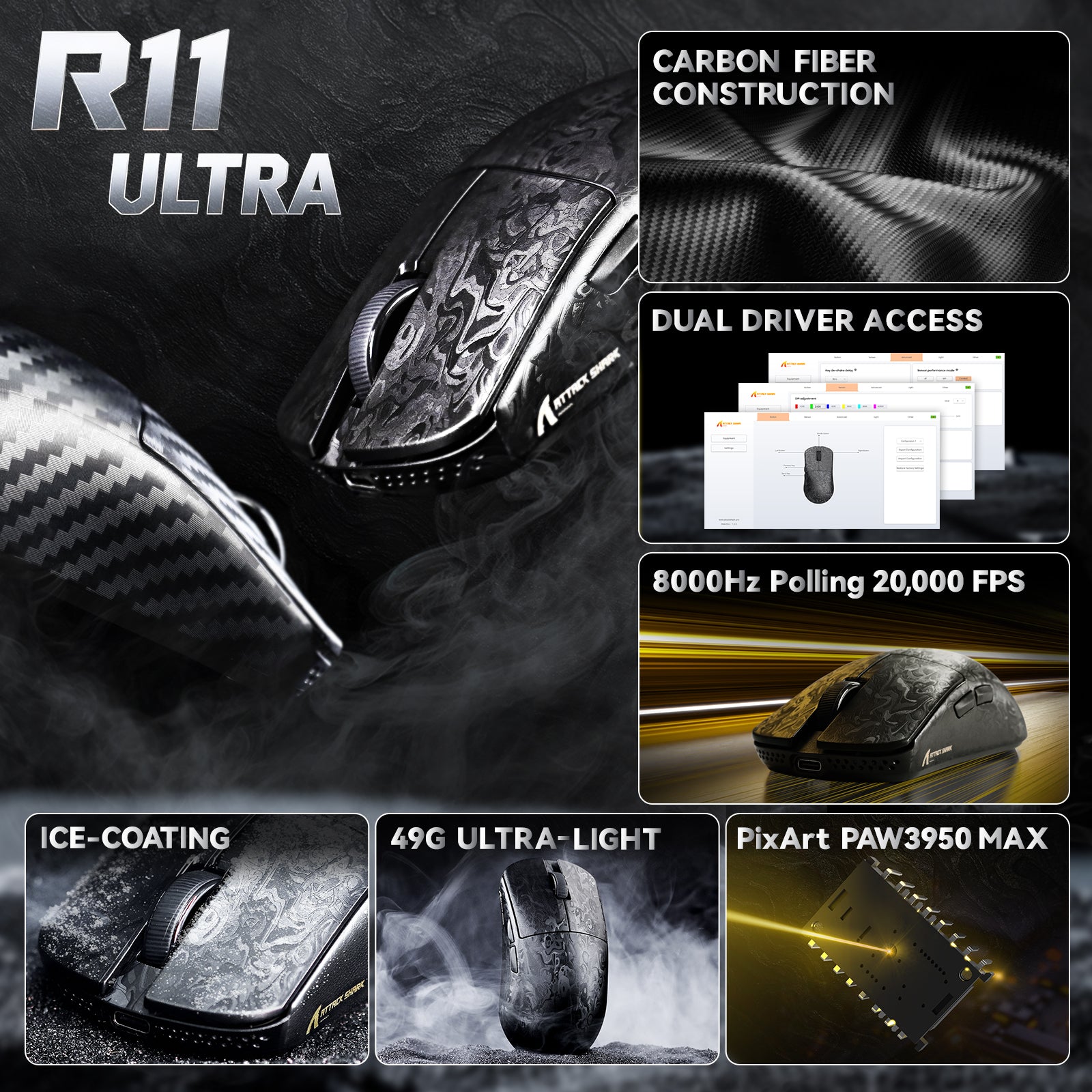 ATTACK SHARK R11 ULTRA Carbon Fiber Draadloze 8K PAW3950MAX Gaming Muis met C06 Ultra LED Kabel