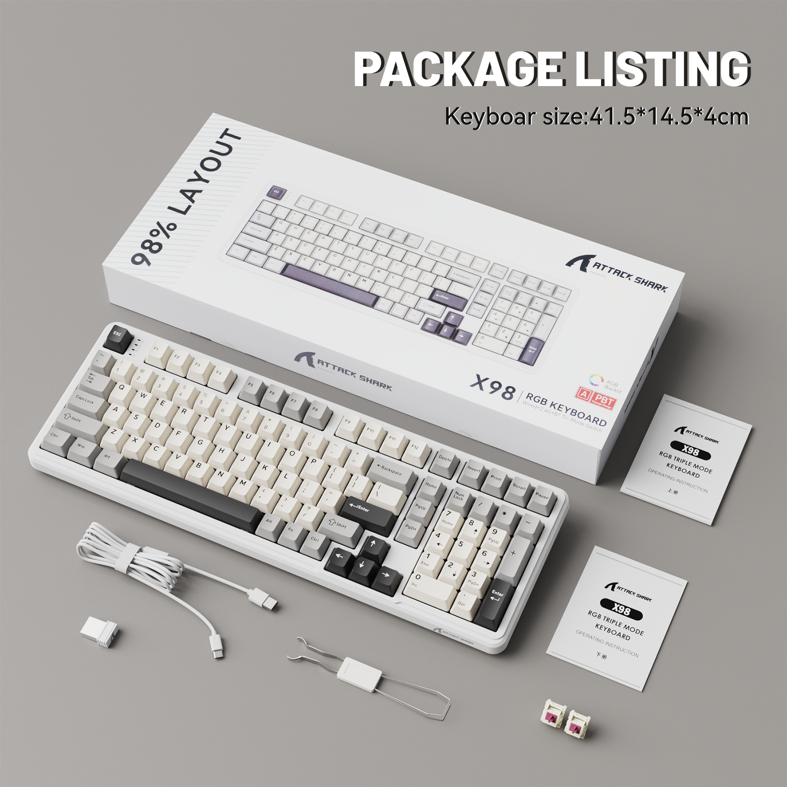 ATTACK SHARK X98 full-size wireless mechanical keyboard package listing with keyboard, box, and accessories.