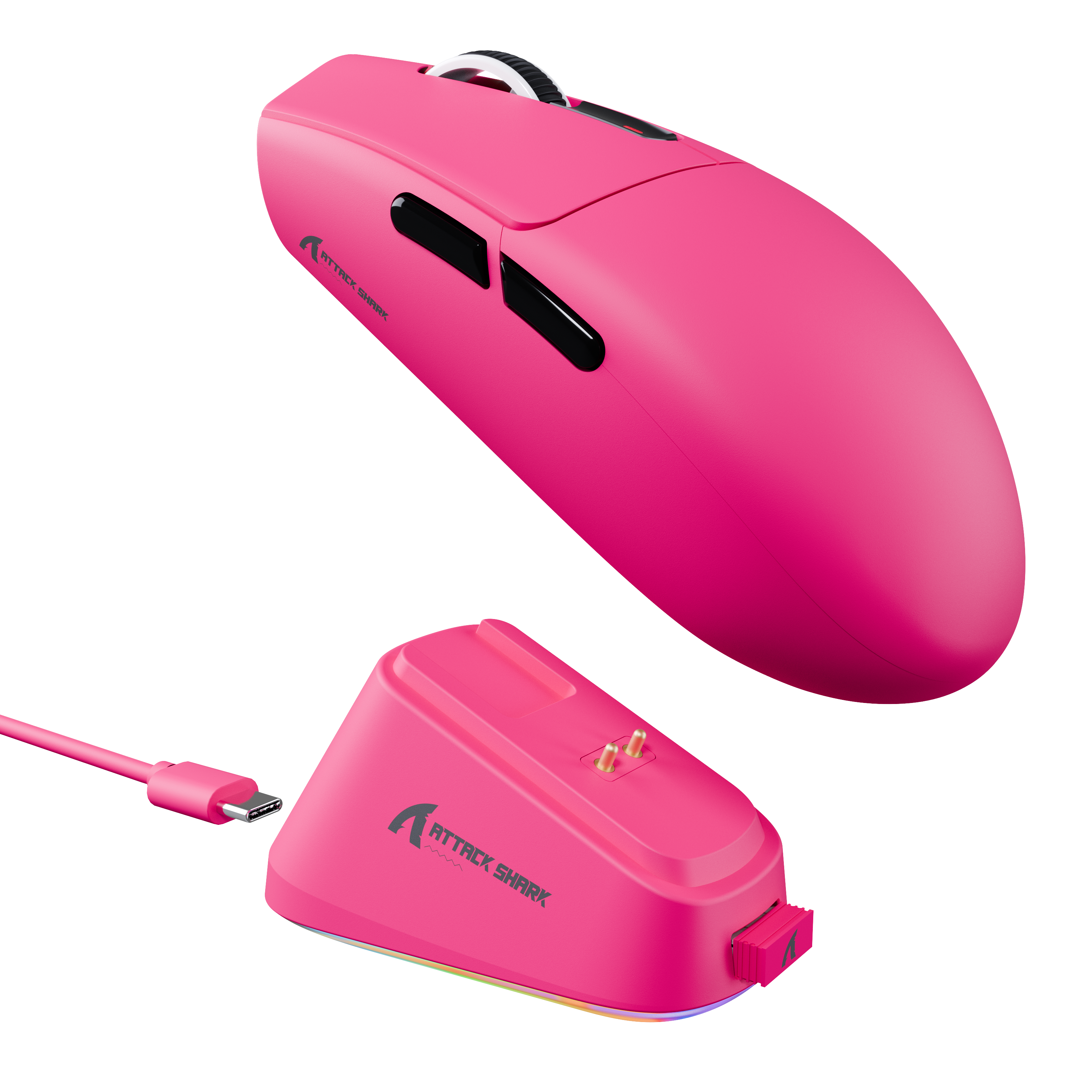 ATTACK SHARK G3PRO pink wireless gaming mouse and charging dock. Ultra-lightweight design with RGB charging base.