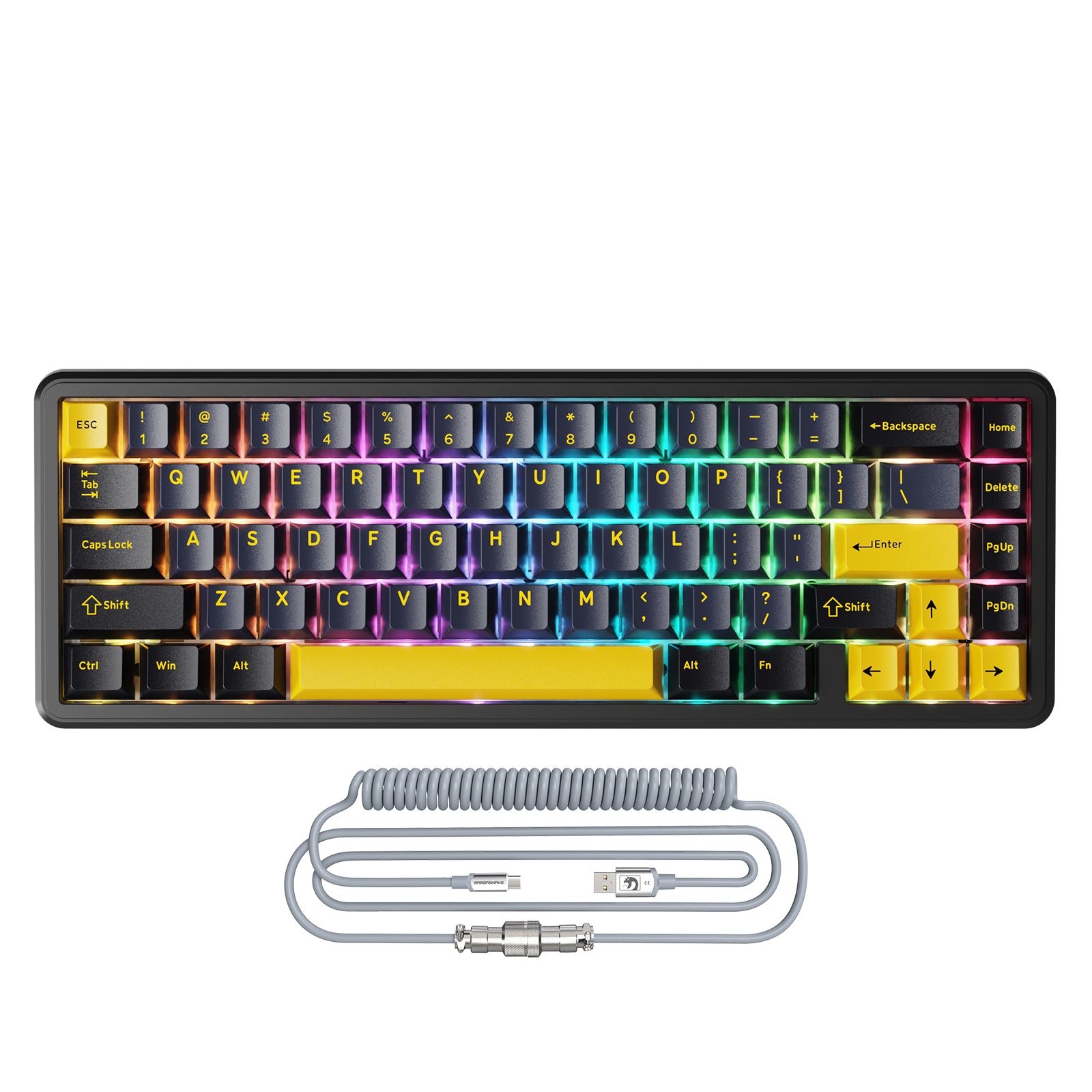 Compact gaming keyboard in black and yellow with grey coiled cable