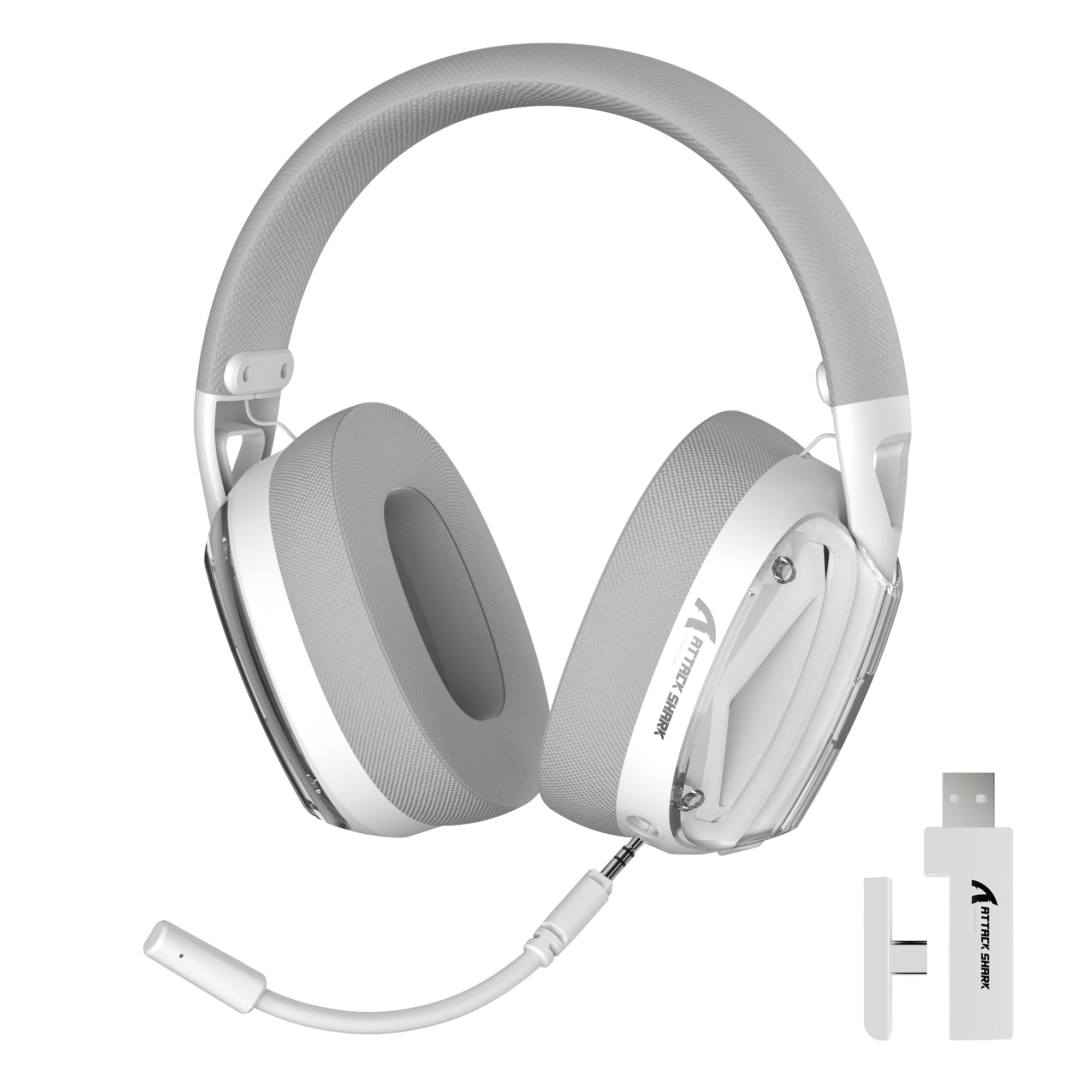 ATTACK SHARK L60 white and gray ultra-light gaming headset with detachable microphone and USB wireless dongle.